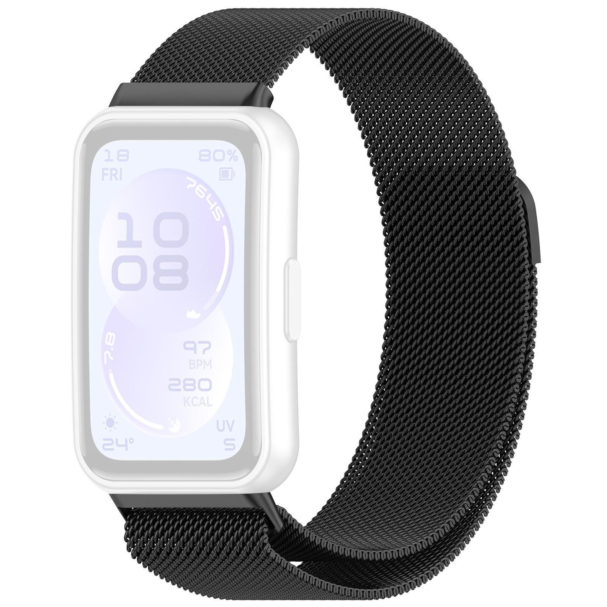 Ein weißes Smartwatch-Display mit Uhrzeit, Datum, Herzfrequenz und Kalorien. Schwarzes Mesh-Armband.
