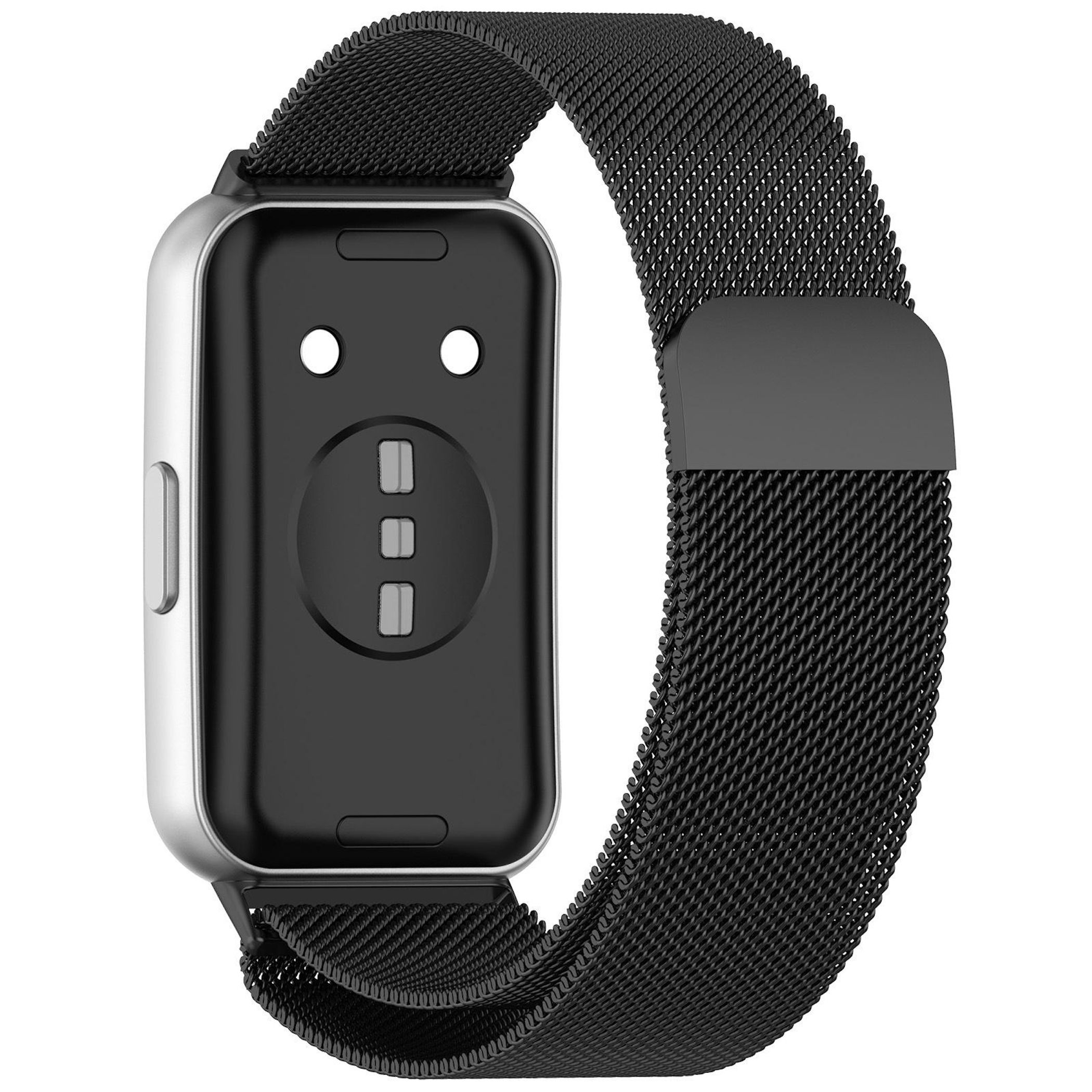 Silbernes Smartwatch-Gehäuse mit schwarzem Mesh-Armband und Sensoren auf der Rückseite.