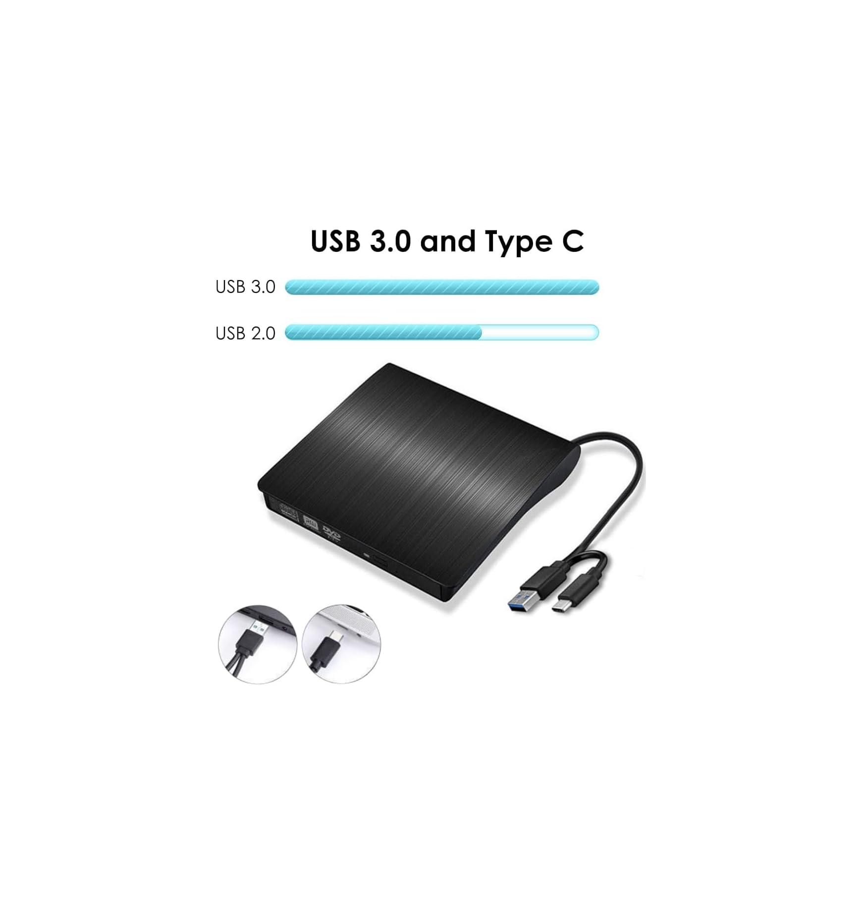 Schwarzes externes CD/DVD-Laufwerk mit USB-3.0- und USB-C-Kabeln.