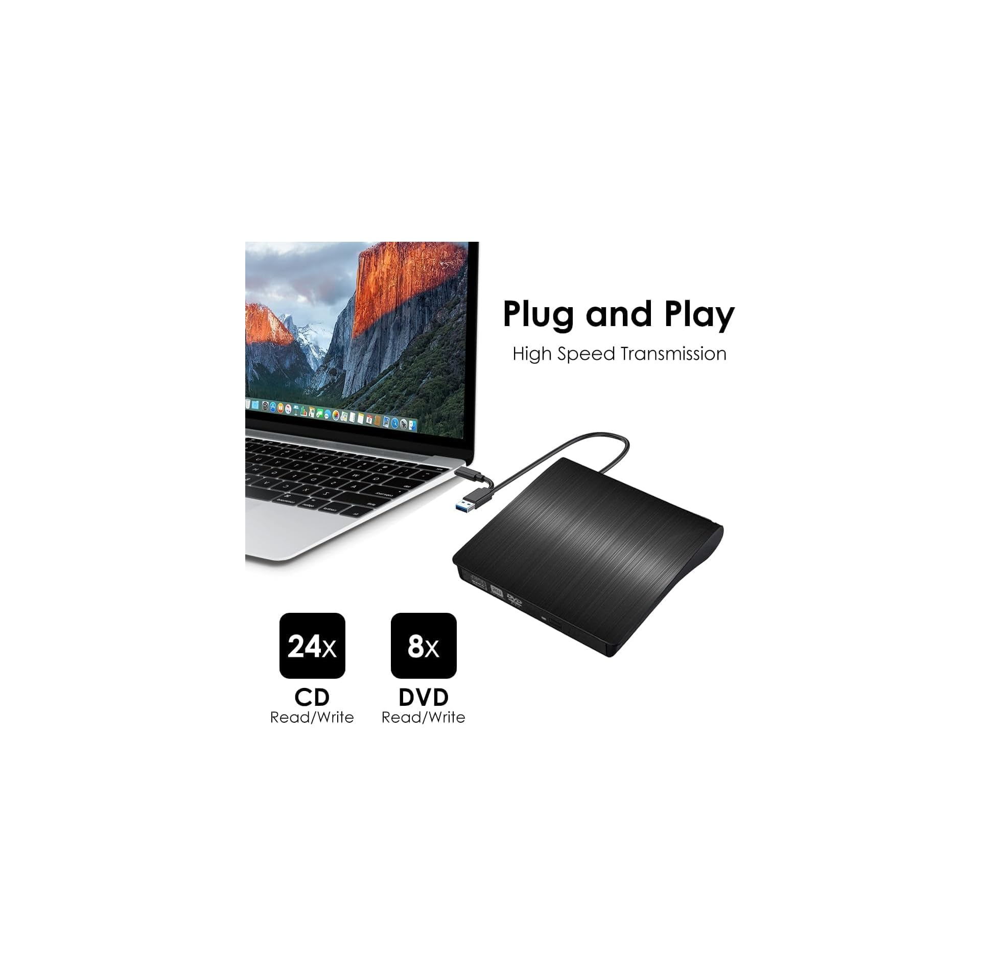 Schwarzer externer USB-DVD-Brenner neben einem Laptop mit Berglandschaft.