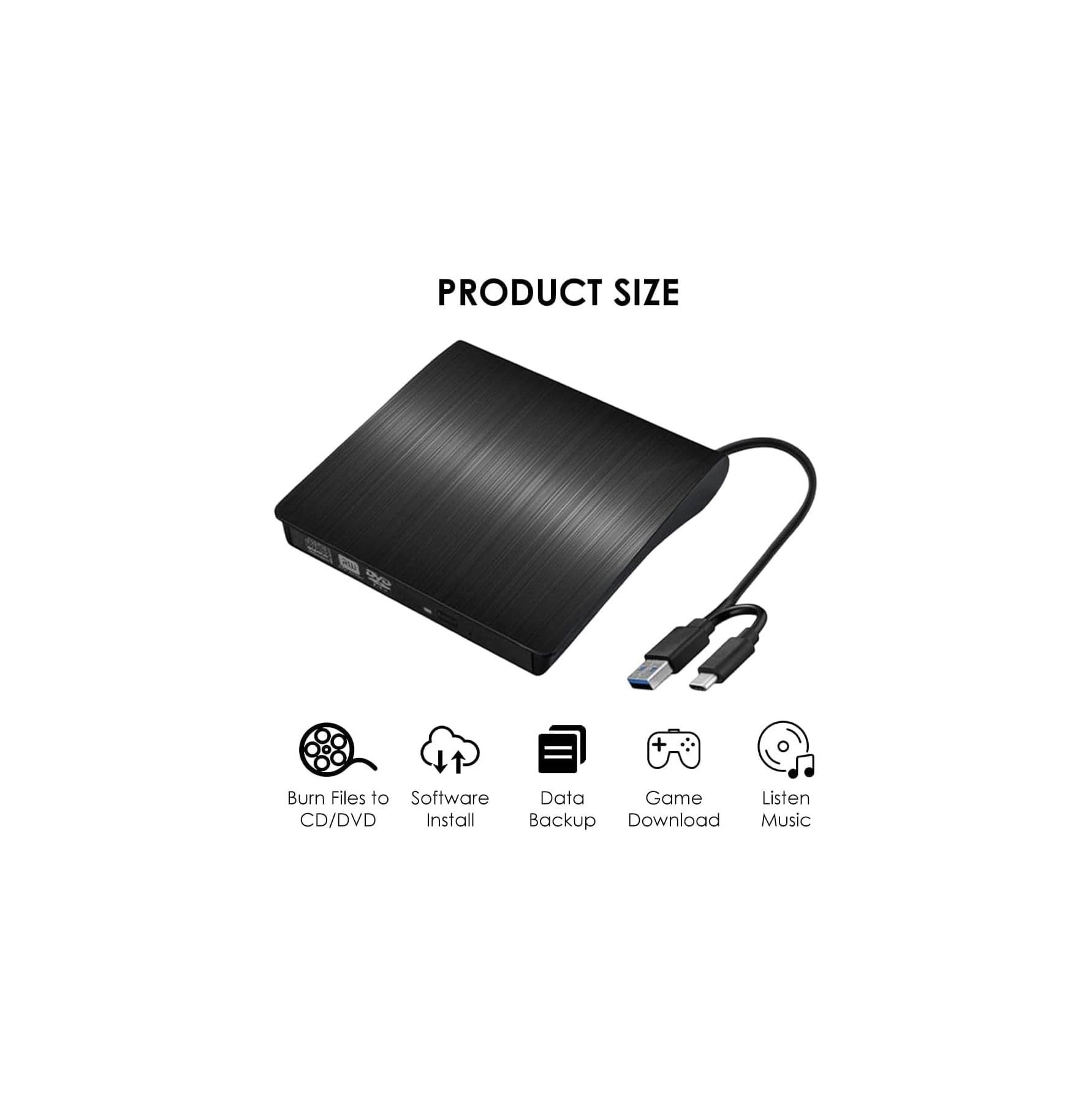 Schwarzer externer DVD-Brenner mit USB-Kabel, mit Symbolen für verschiedene Funktionen.