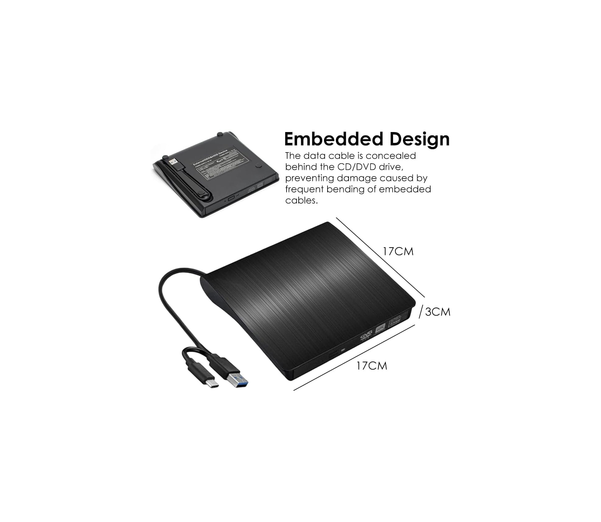 Schwarzer externer CD/DVD-Brenner mit Kabel, 17x17x3cm.