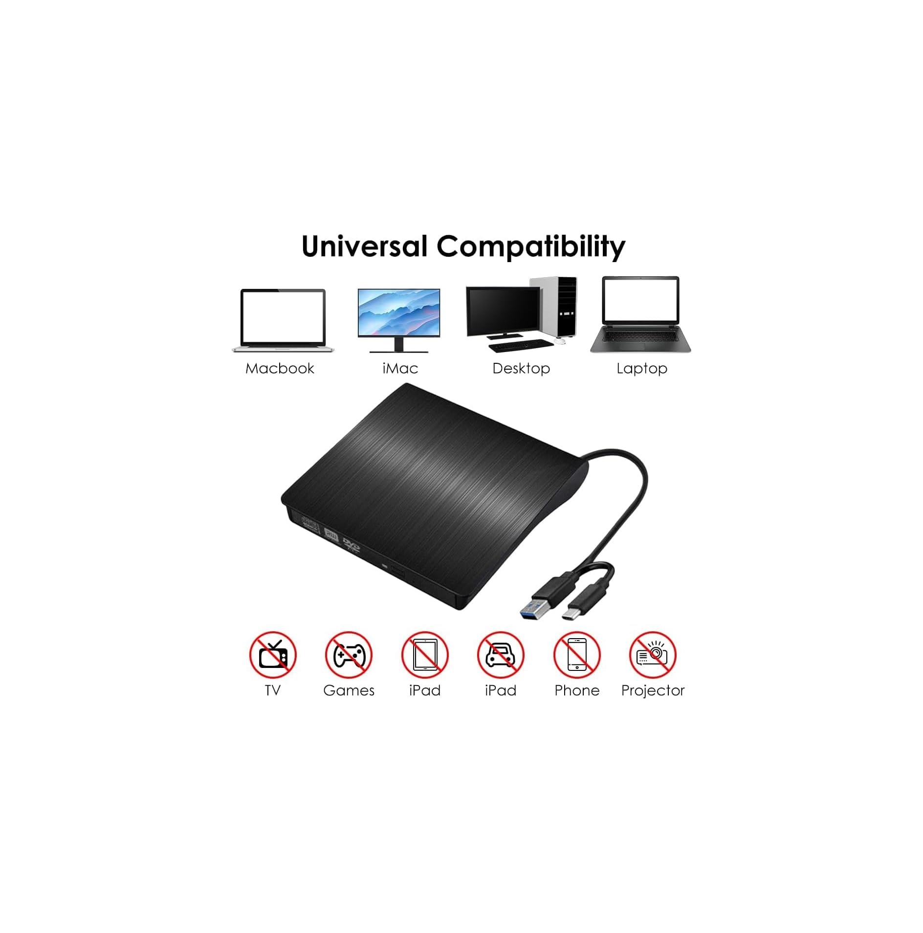 Schwarzer externer DVD-Brenner mit USB-C- und USB-A-Kabeln, kompatibel mit Laptops, Desktops, Macs.