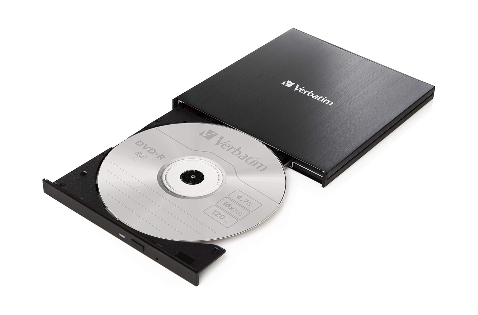Schwarzes externes DVD-Laufwerk mit eingelegter silberner DVD-R Disc.