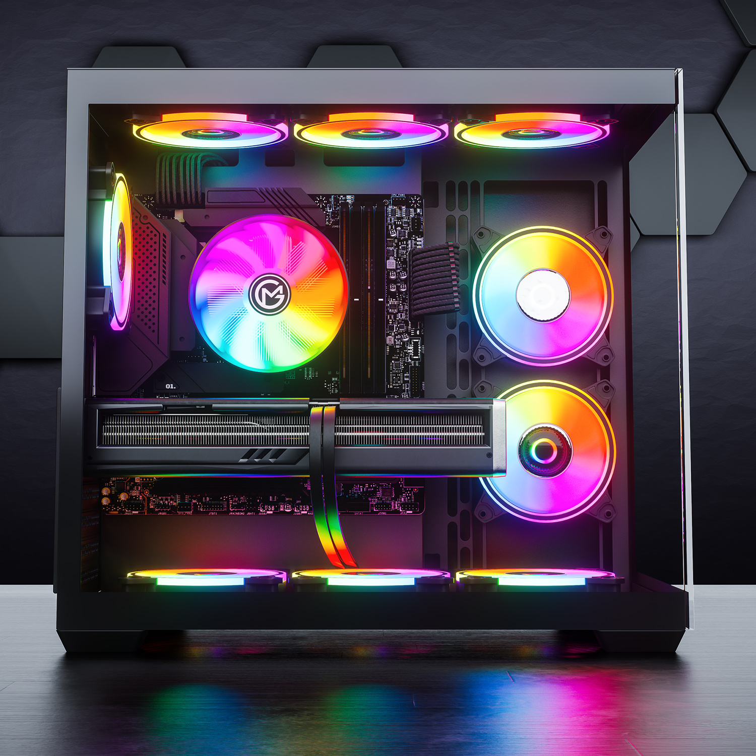 Ein PC-Gehäuse mit RGB-Lüftern und Komponenten beleuchtet.