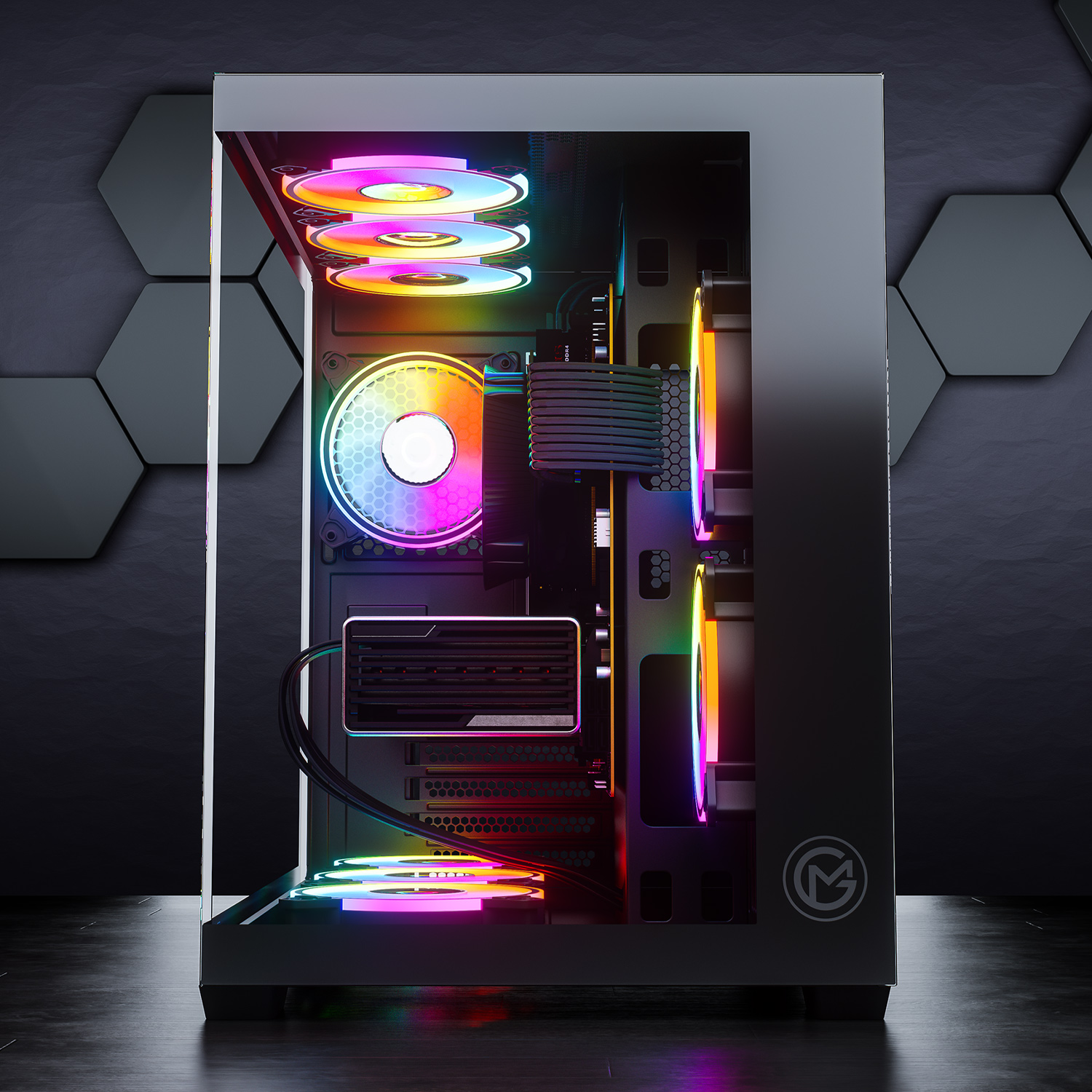 Ein PC-Gehäuse mit RGB-Lüftern und Glasfront auf dunklem Hintergrund.
