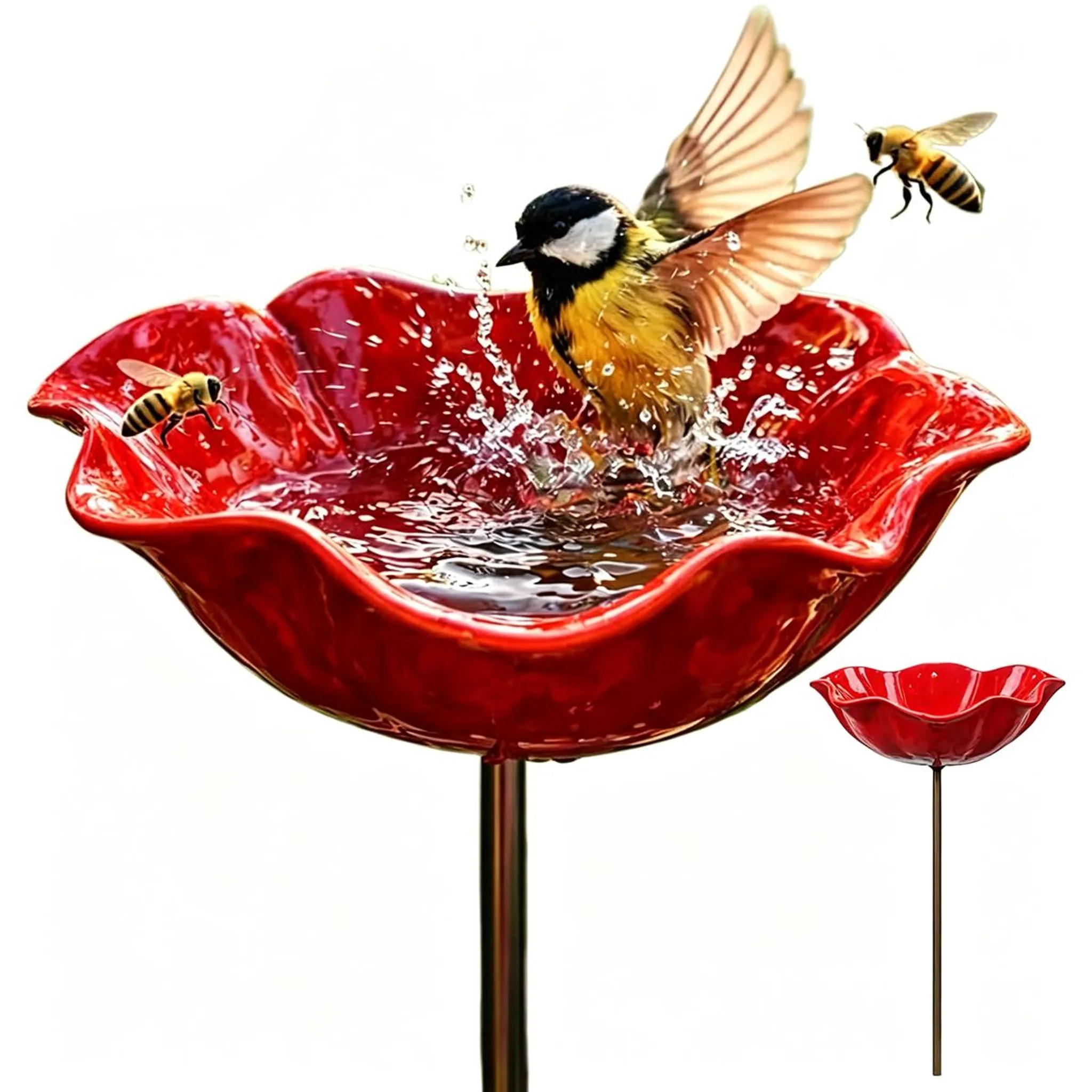 Ein Vogel badet in einem roten Vogelbad, während zwei Bienen umherfliegen.