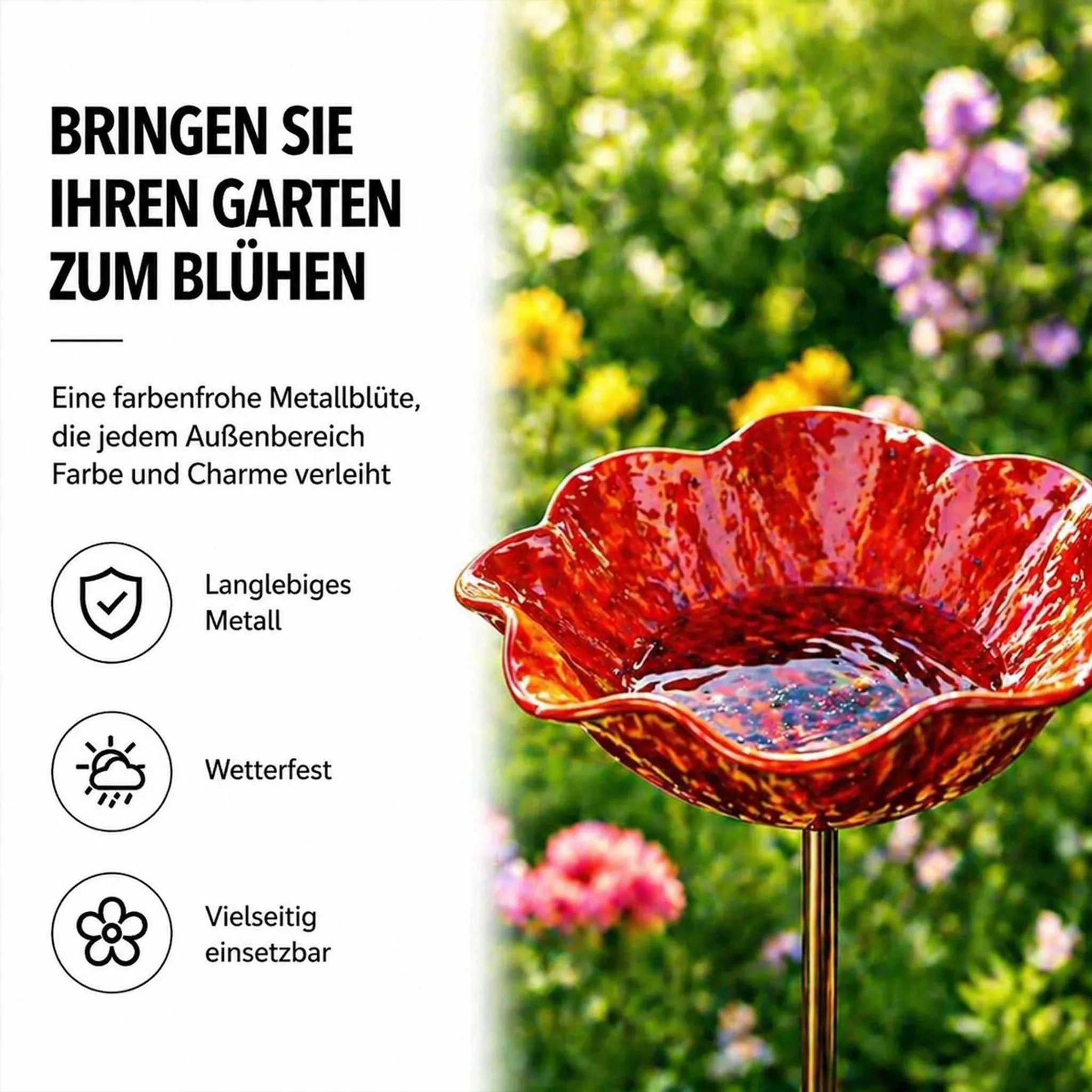 Eine rote Metallblüte mit Blättern auf einem Stab, vor einem Garten mit Blumen.