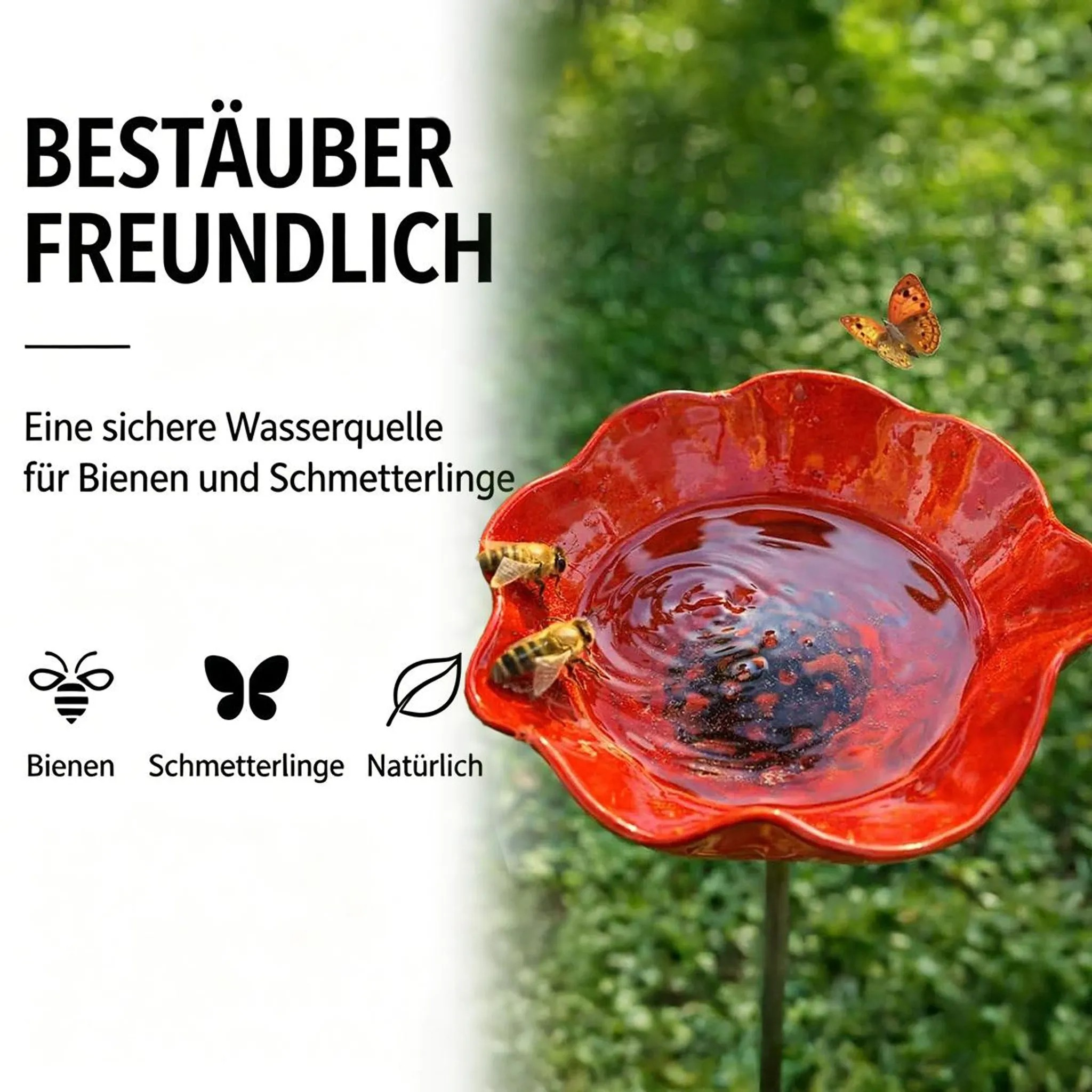 Rote Vogeltränke mit zwei Bienen und einem Schmetterling in der Nähe.