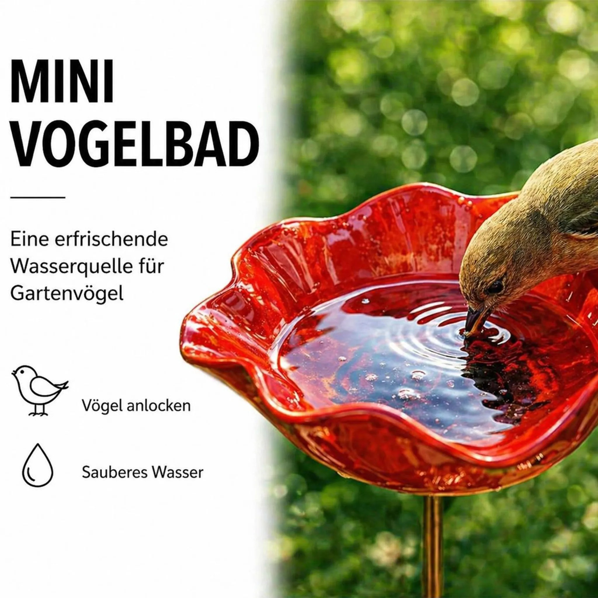 Ein kleiner Vogel trinkt aus einem roten Vogelbad im Garten.