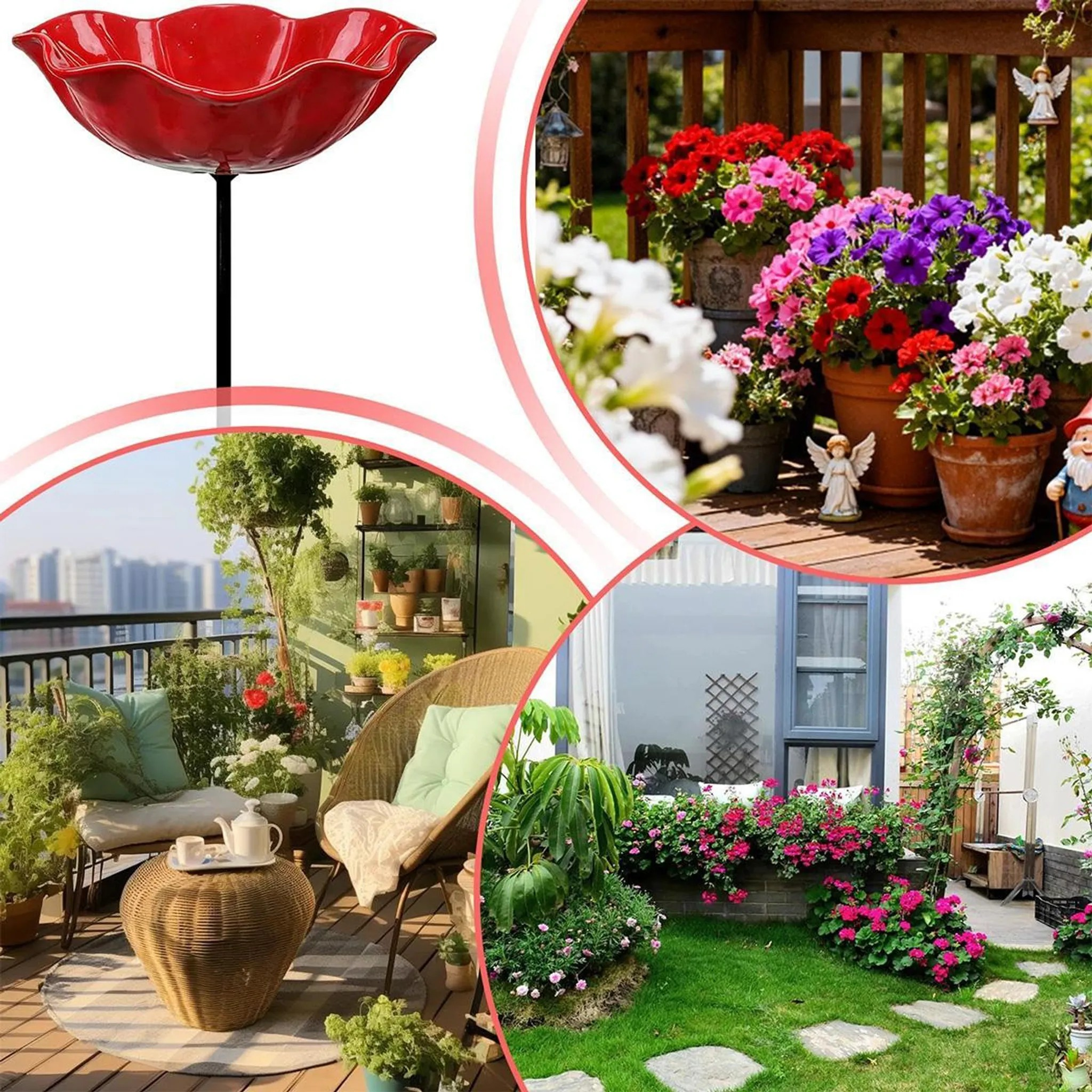 Collage von Gartenszenen: rotes Vogelbad, Blumentöpfe auf Deck, Balkonmöbel, blumengesäumter Weg.