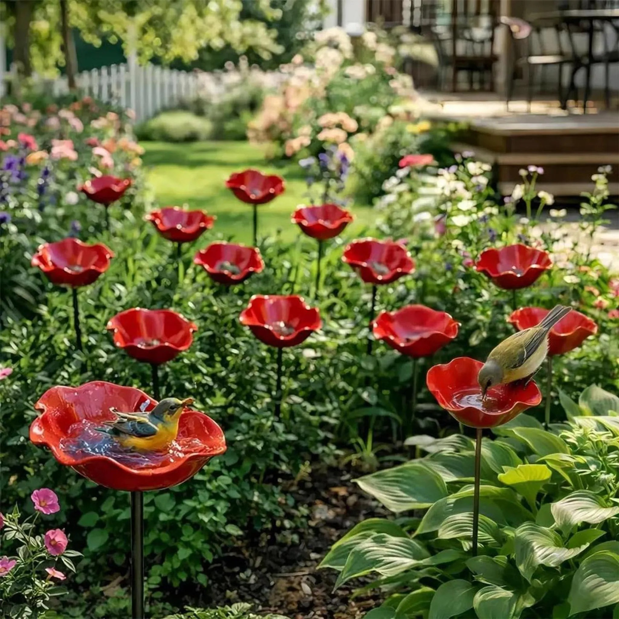 Ein üppiger Garten mit roten Mohn-Vogelbädern. Zwei Vögel baden.