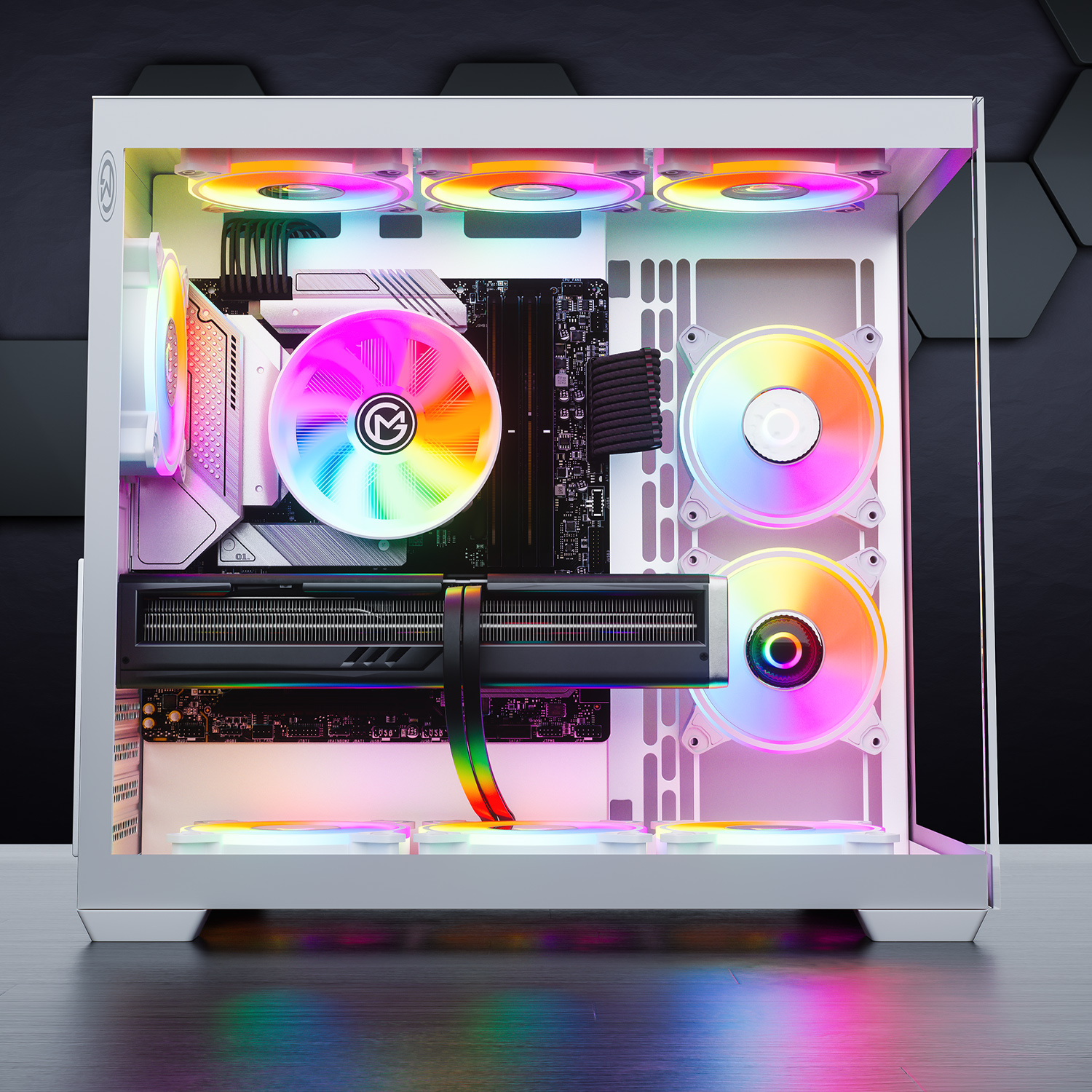 Ein weißer PC-Innenraum mit RGB-Lüftern und einer Grafikkarte.