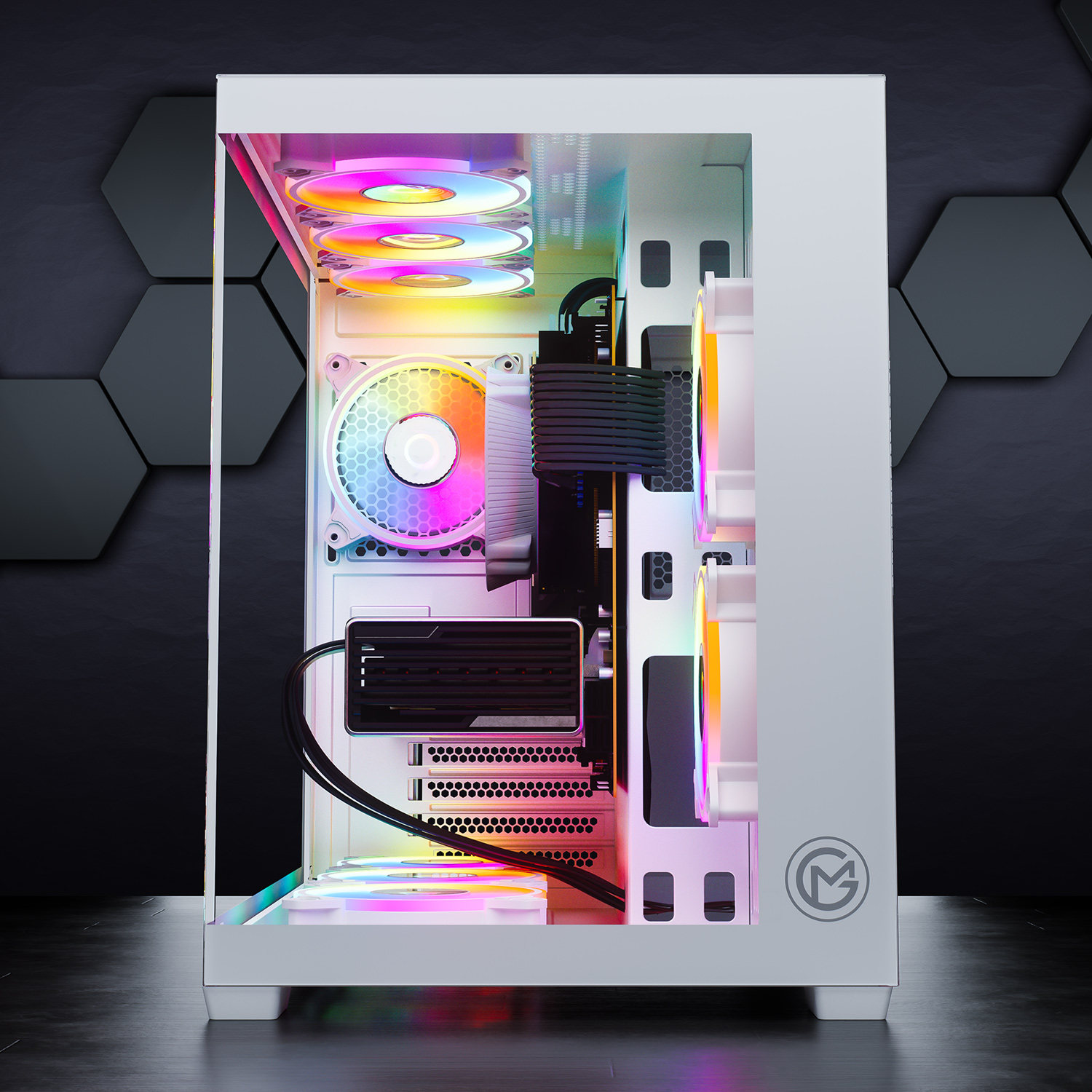 Ein weißes Computergehäuse mit RGB-Lüftern und Komponenten.