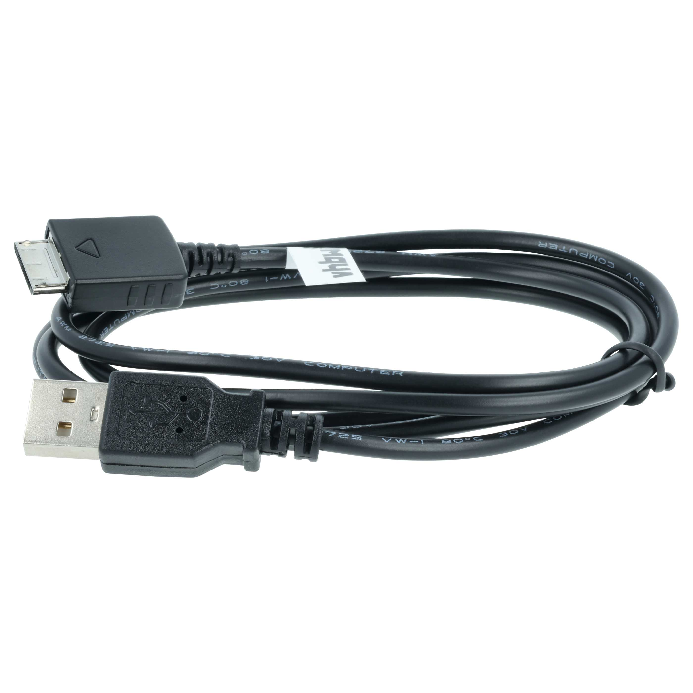 Schwarzes USB-Kabel mit einem 30-poligen Stecker und einem Standard-USB-A-Stecker.