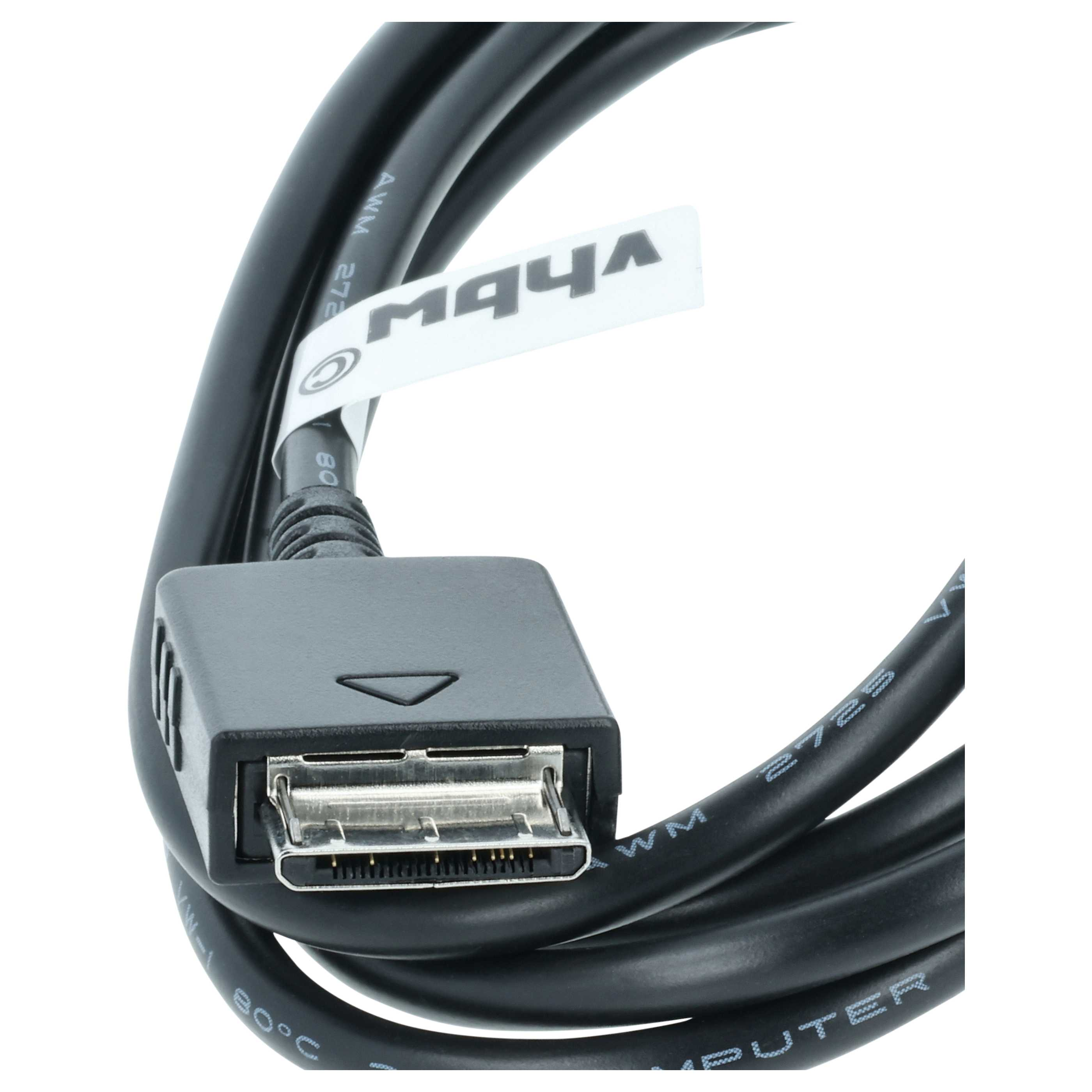 Schwarzes USB-C-Kabel mit silbernem Stecker und weißem Etikett mit Logo 'Mb4'.