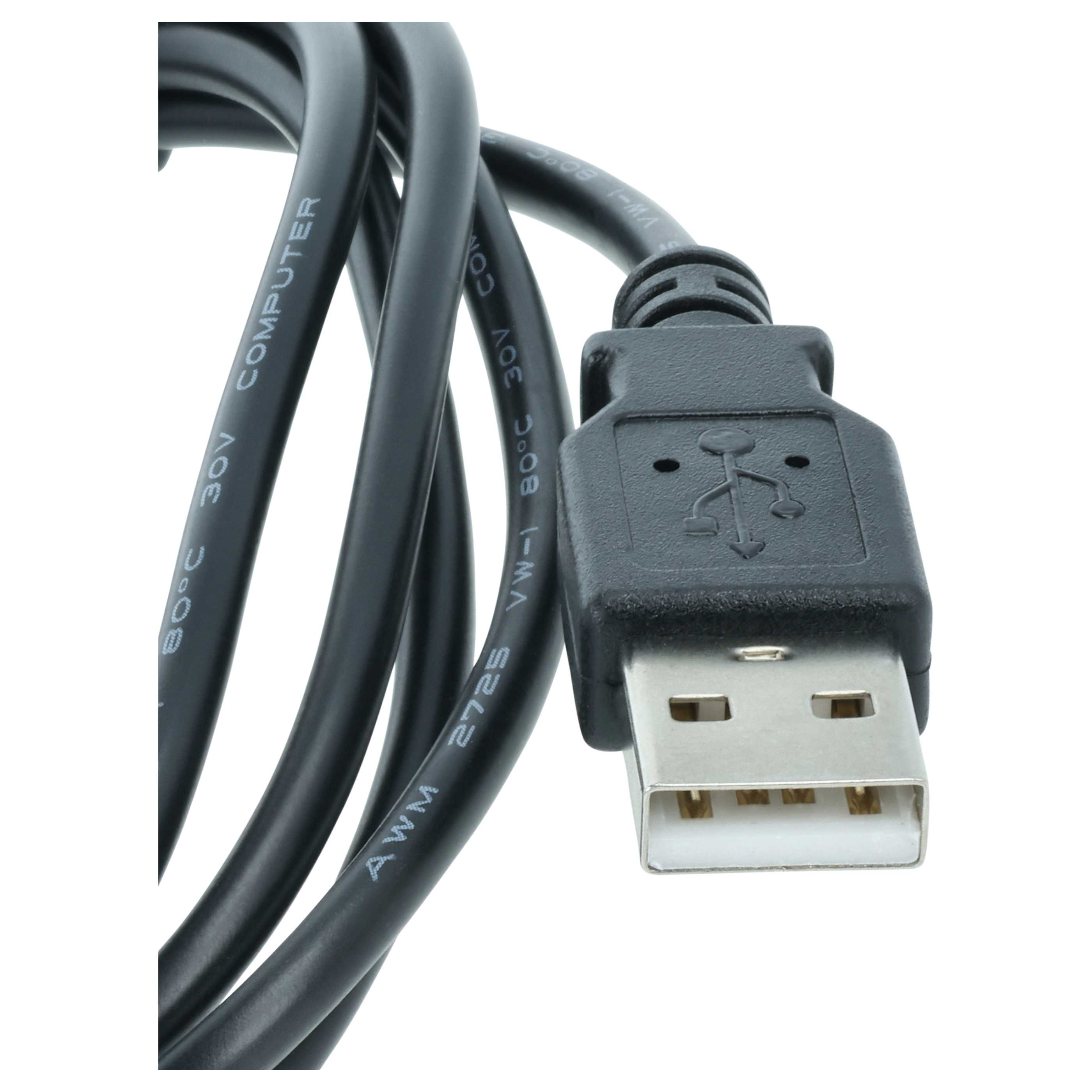 Ein schwarzes USB-Kabel mit einem Typ-A-Anschluss und Textmarkierungen am Kabel.