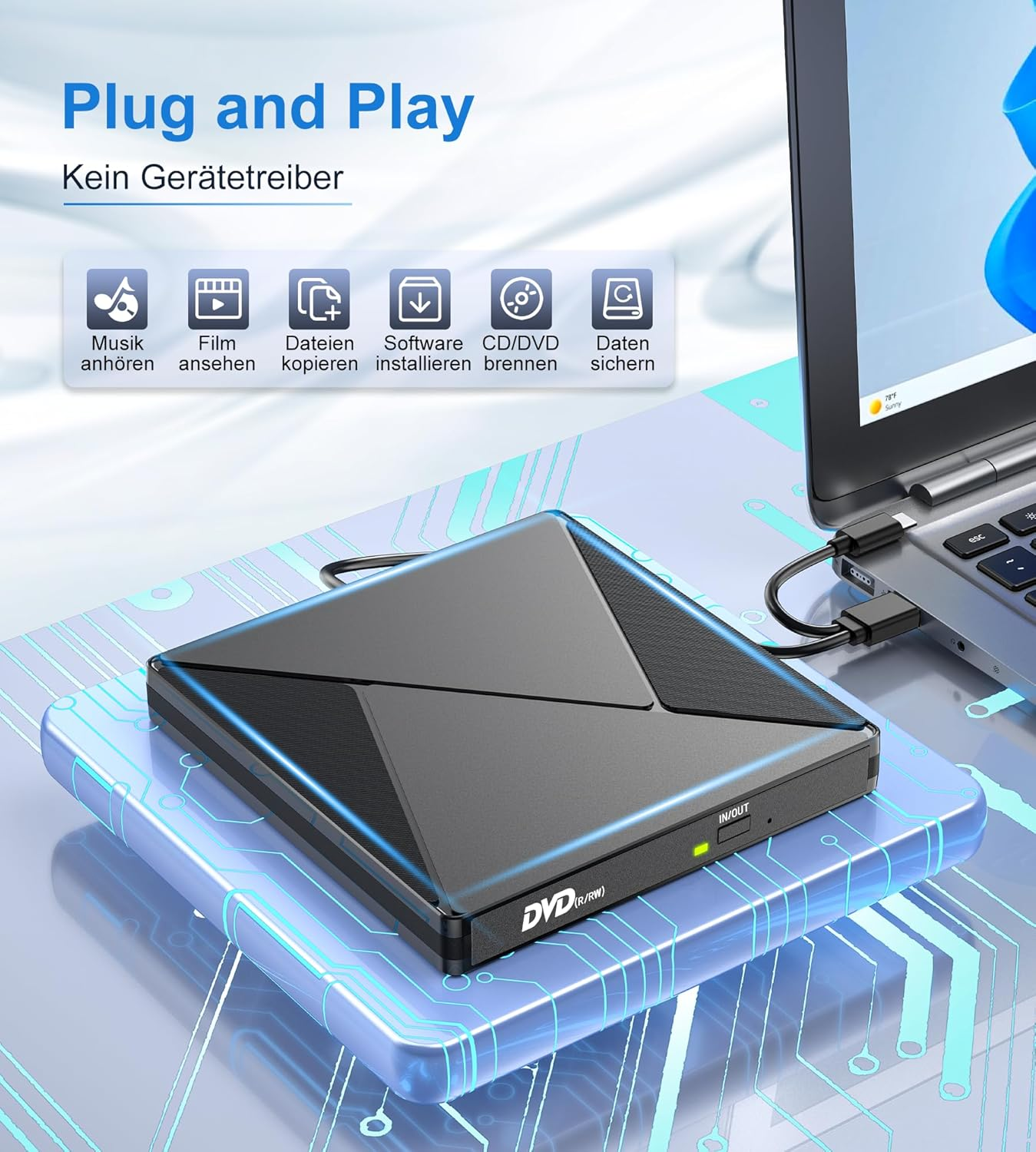 Ein externer DVD-Brenner ist über USB mit einem Laptop verbunden.