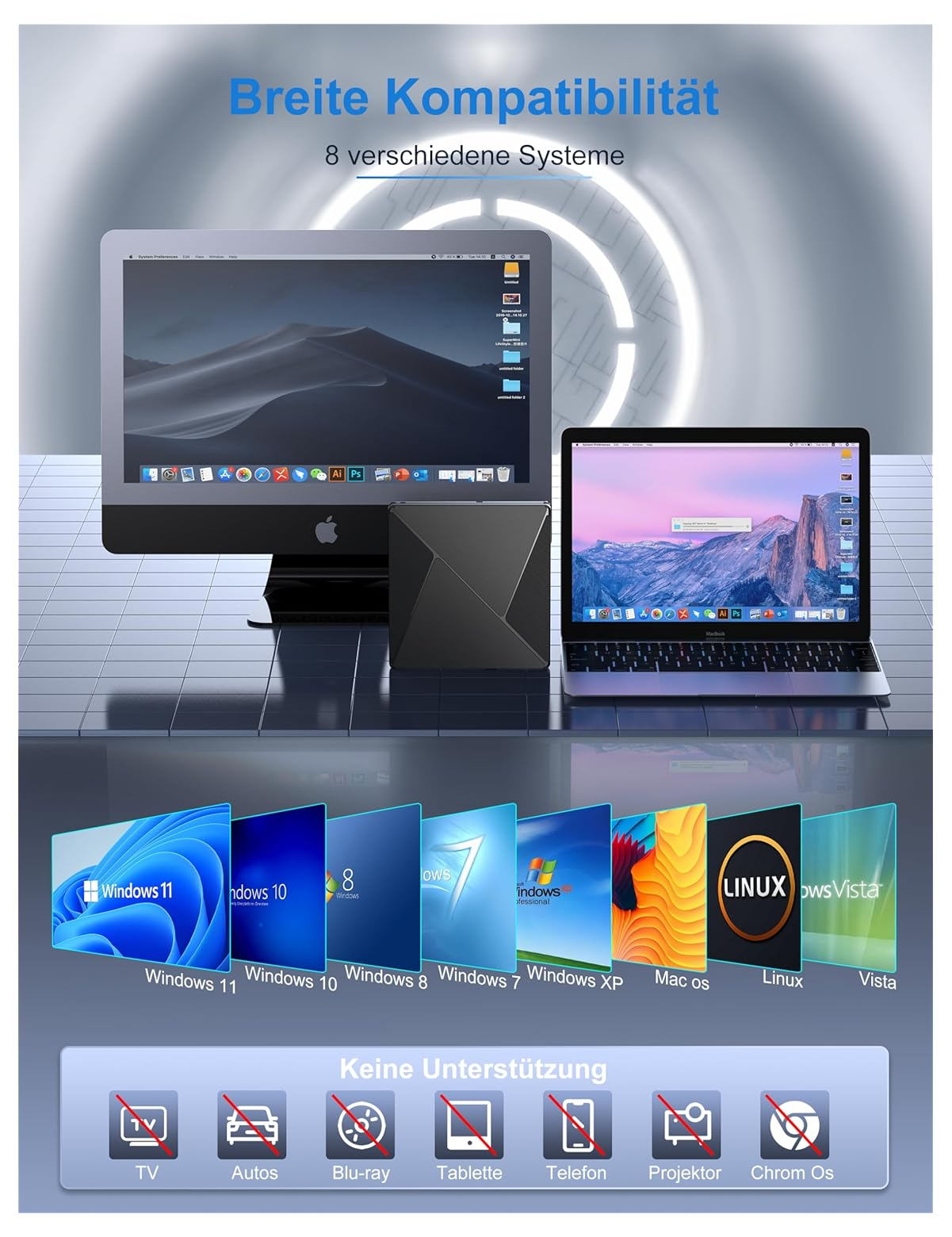 Breite Kompatibilität mit 8 Systemen: Mac, Windows 7-11, Linux, Vista.