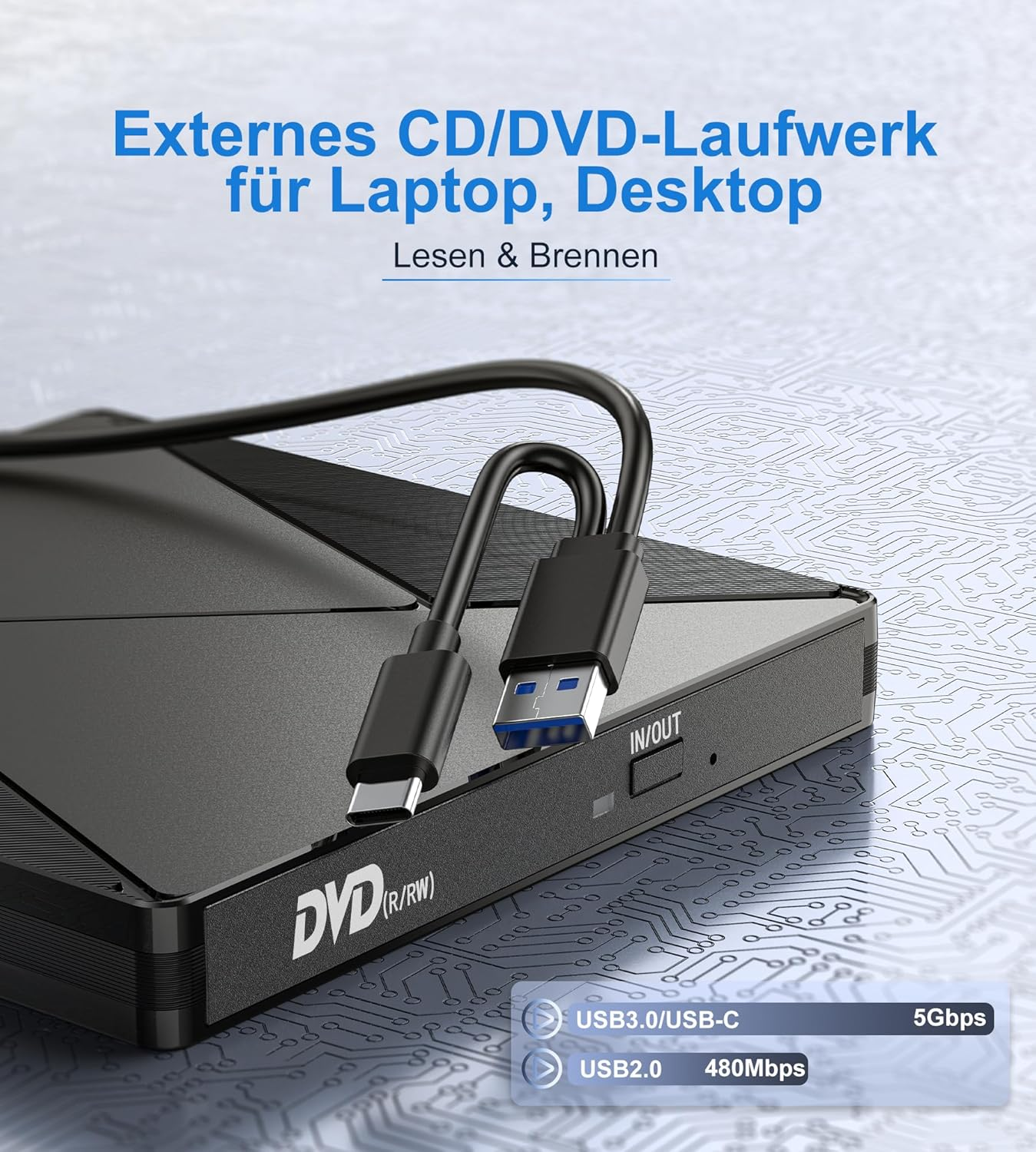 Externes schwarzes CD/DVD-Laufwerk mit USB-C und USB-A Kabeln.