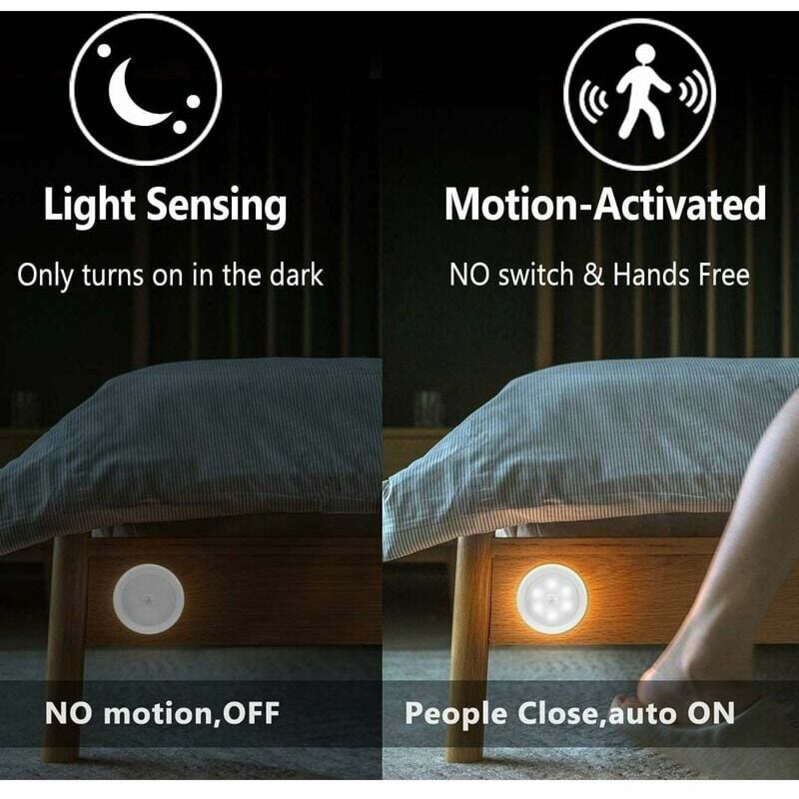 Zwei Szenen: Lichtsensor schaltet sich nur im Dunkeln ein, Bewegungsmelder schaltet sich bei Annäherung ein.