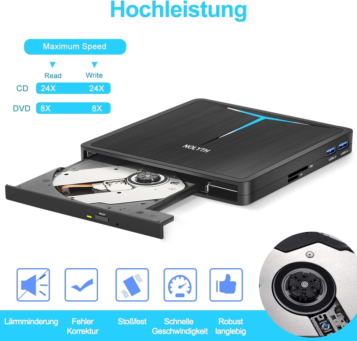 Schwarzer externer Blu-ray-Brenner mit CD/DVD-Geschwindigkeiten und Anschlüssen.