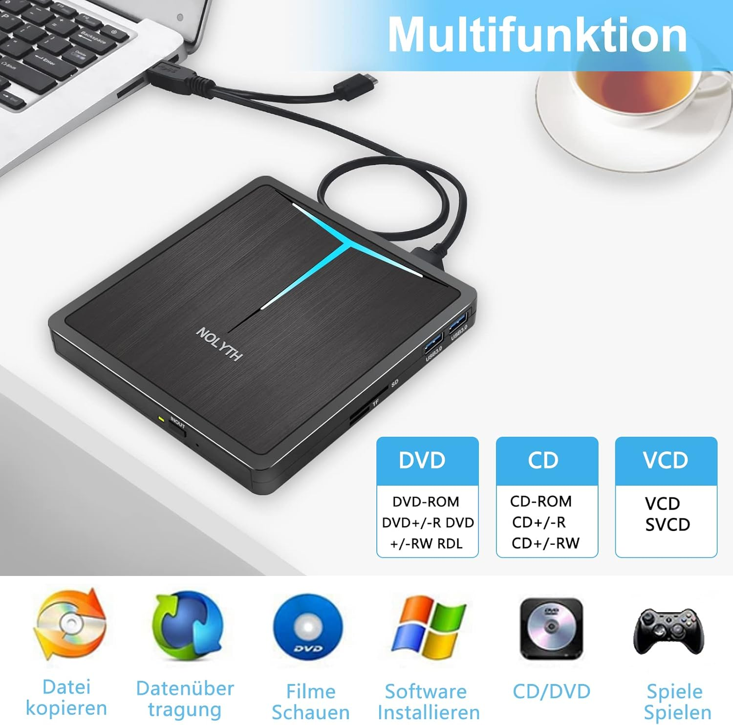Externes Laufwerk mit Laptop verbunden. Viele Funktionen aufgelistet.