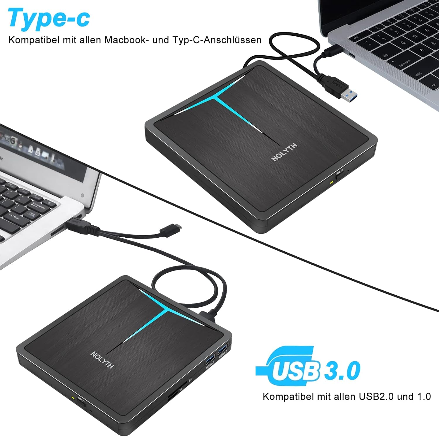 Zwei Ansichten eines schwarzen USB-C-Hubs, angeschlossen an Laptops.