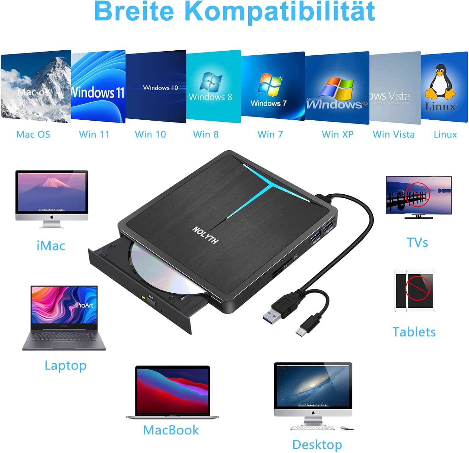 Ein schwarzes externes Laufwerk mit USB-Kabel, daneben verschiedene Geräte.