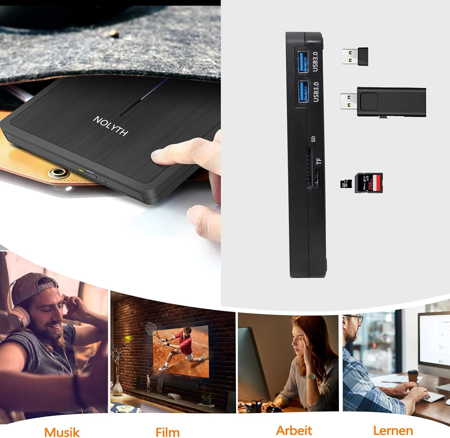 Ein schwarzes NOLYTH-Gerät mit USB-Anschlüssen, SD- und TF-Kartensteckplätzen.