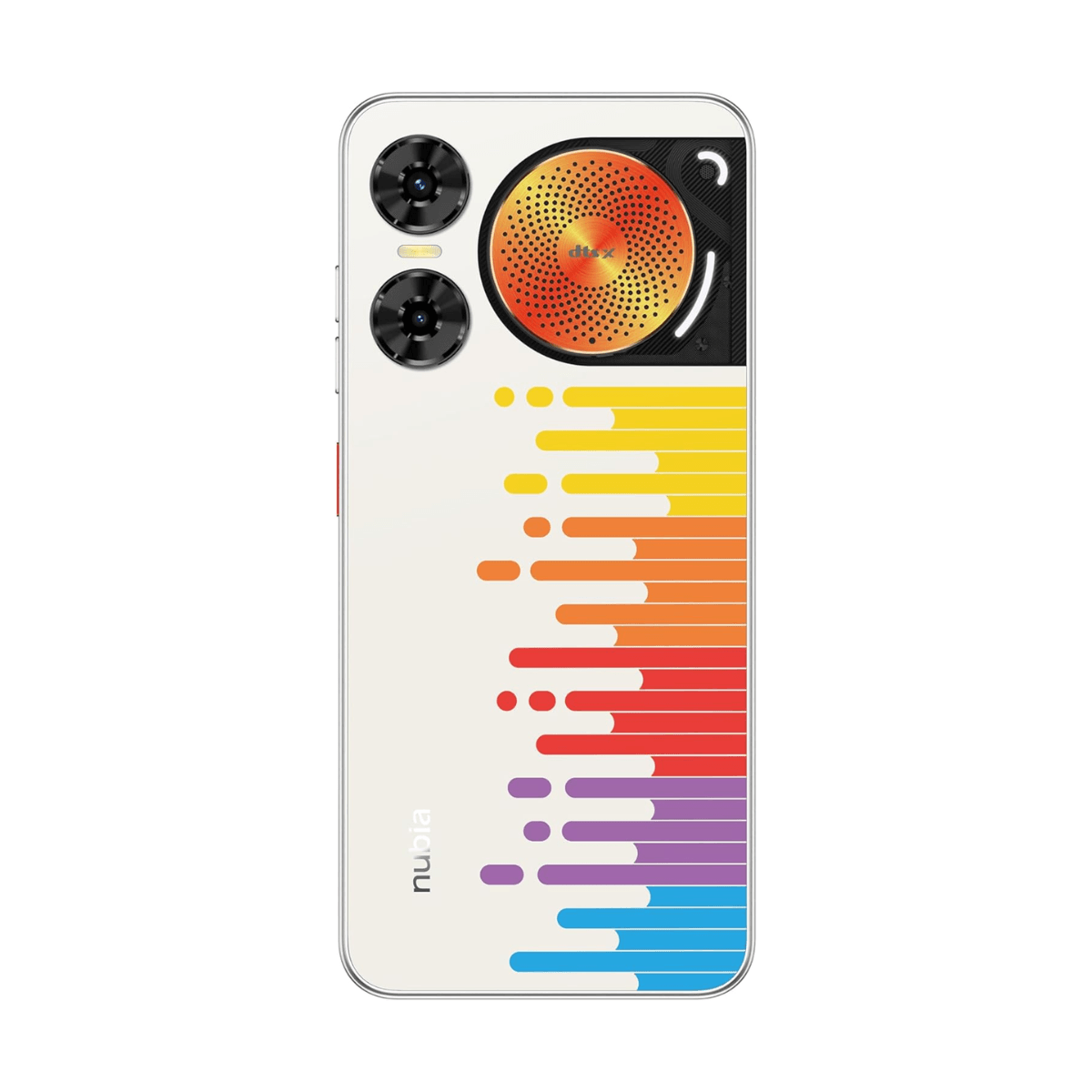Ein weißes Smartphone mit einem Plattenspieler-Design und bunten Strichen.