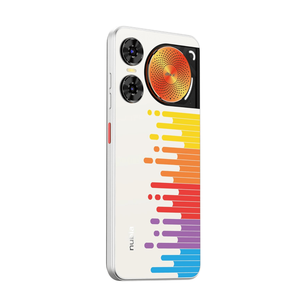 Ein weißes Smartphone mit einem bunten Muster aus Linien und Kreisen auf der Rückseite.