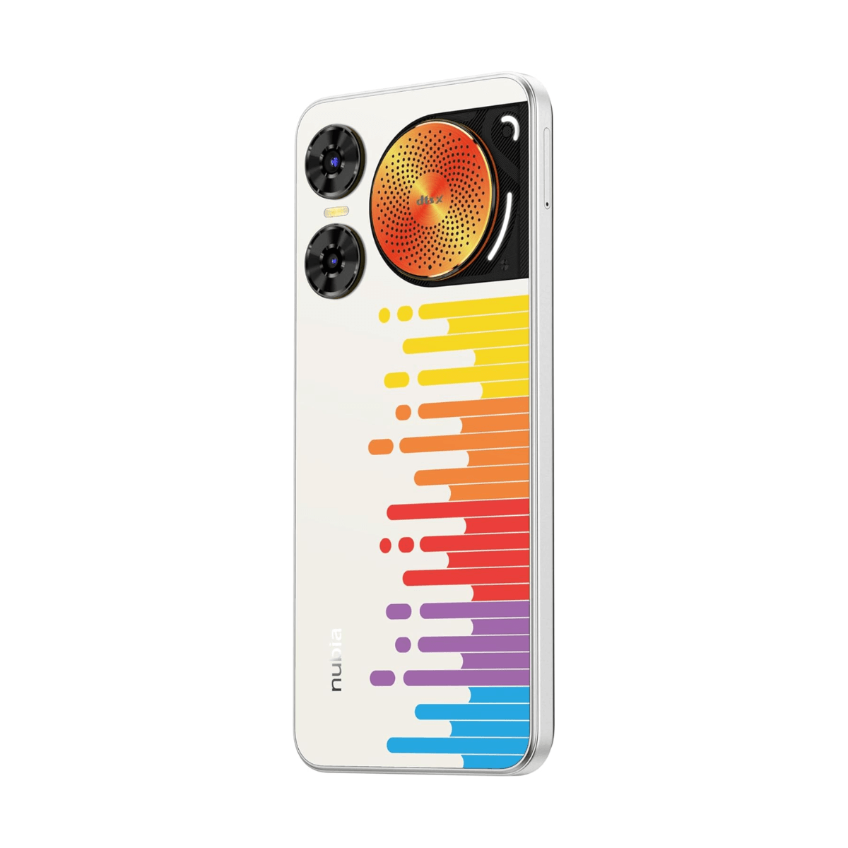 Weißes Smartphone mit Dual-Kameras, DJ-Plattenspieler-Design und bunter Equalizer-Grafik.