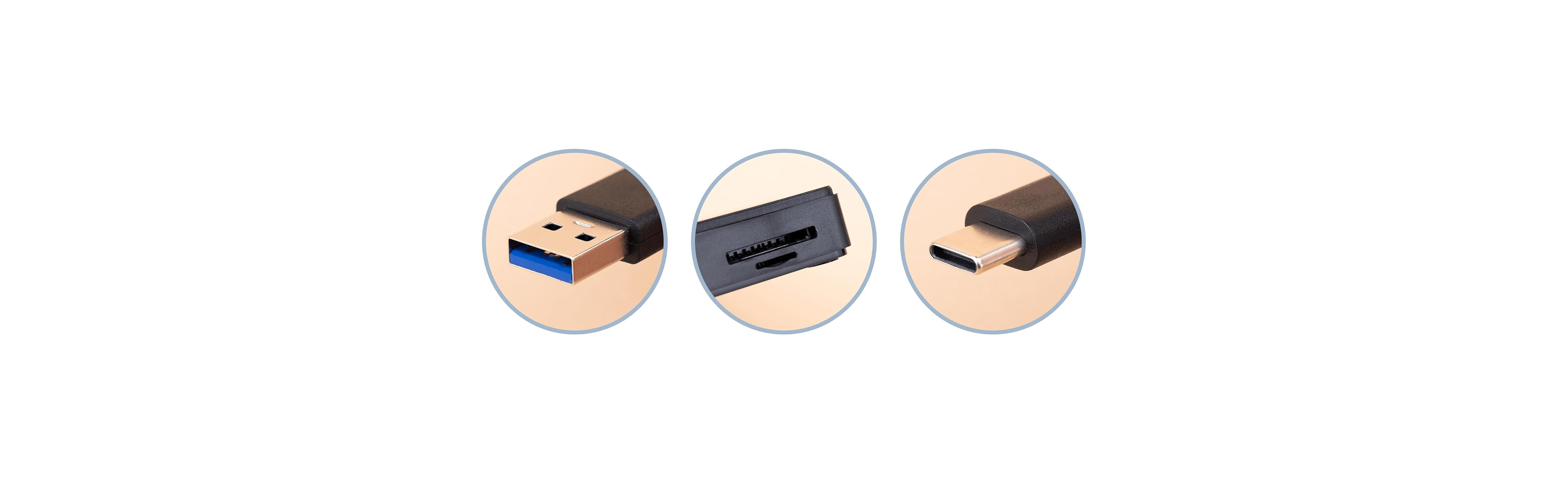 Nahaufnahme von USB-A-, SD-Karten- und USB-C-Anschlüssen.