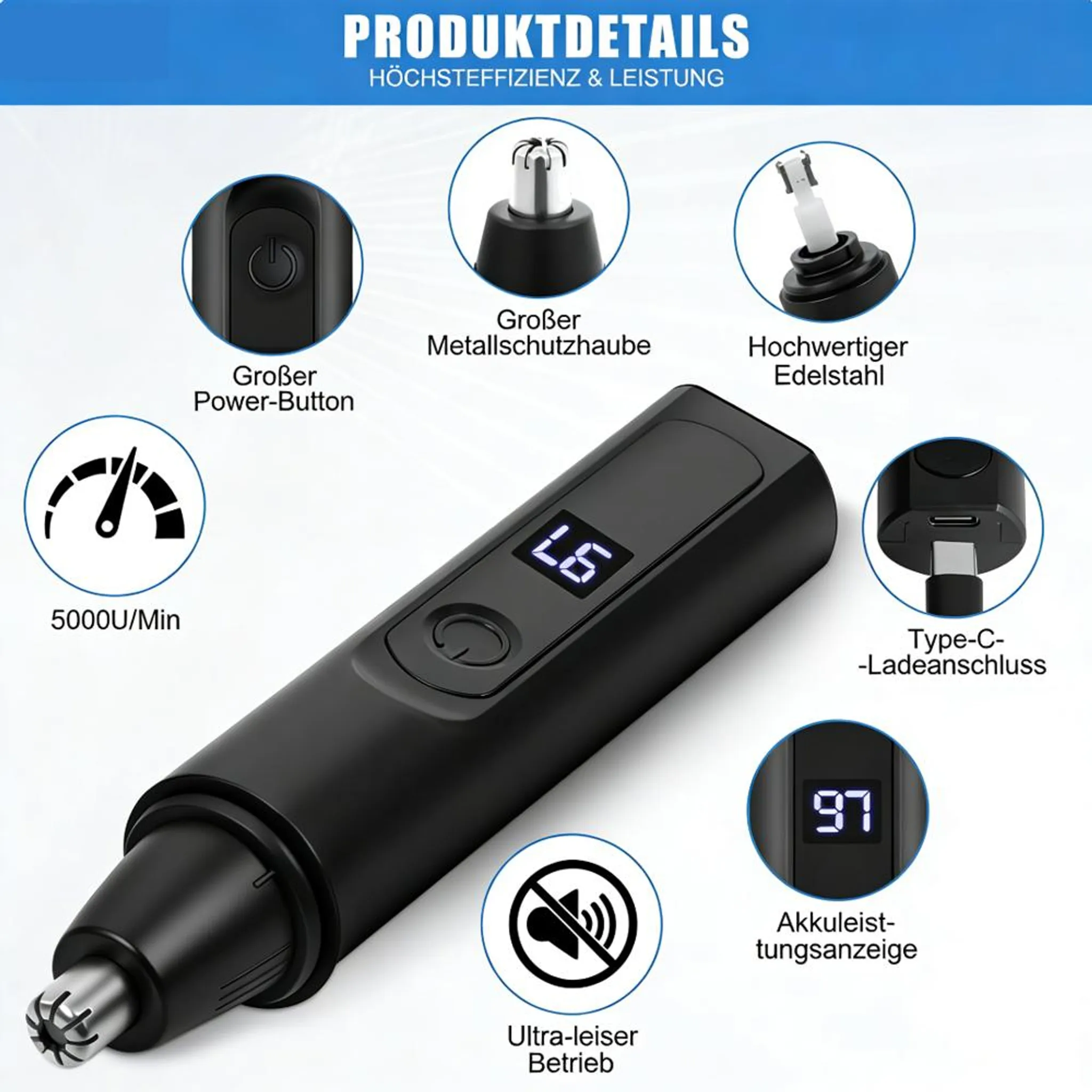 Ein schwarzes Nasenhaartrimmer mit Ladeanzeige, Power-Button, Metallschutz und Typ-C-Anschluss.