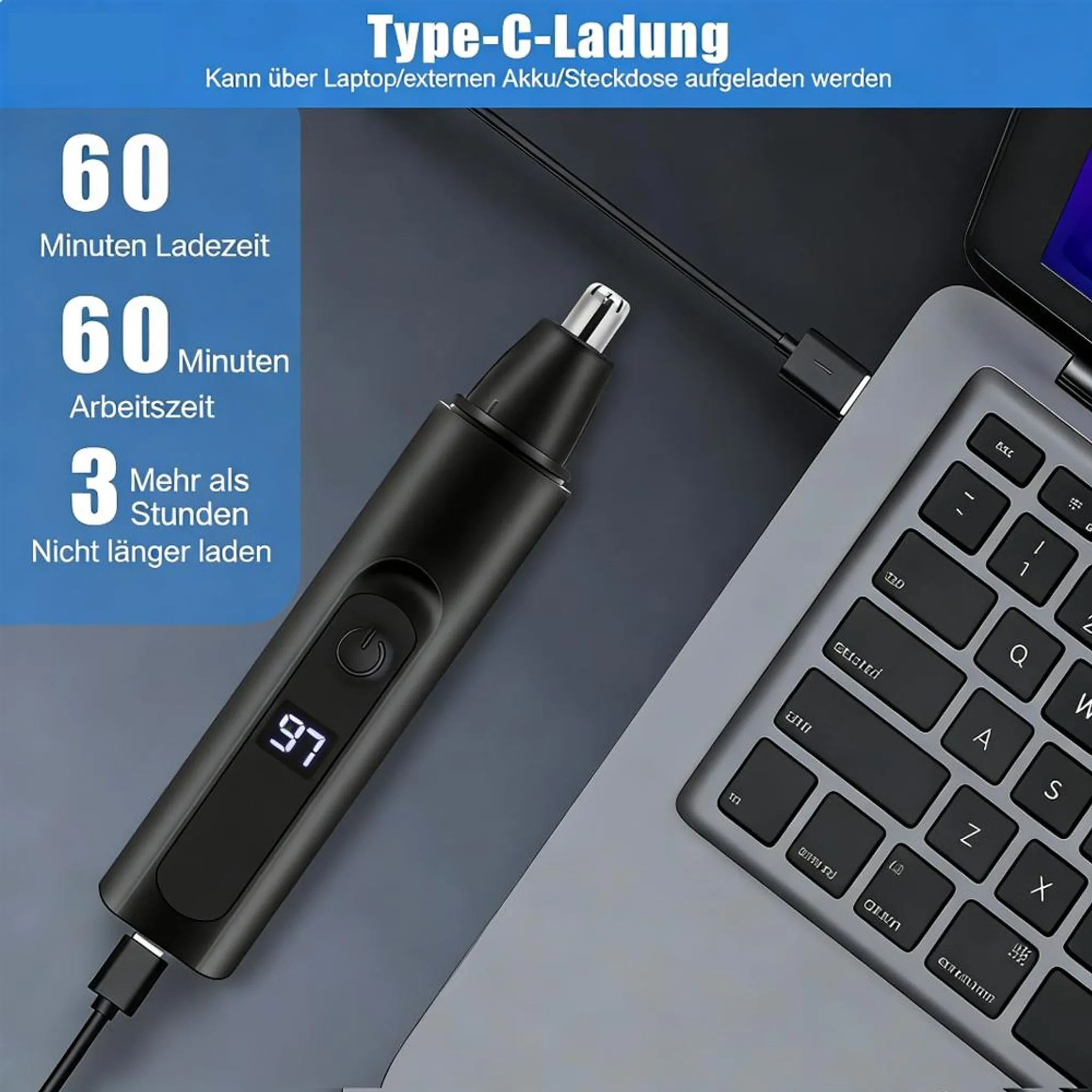 Ein schwarzer Nasentrimmer wird über ein USB-C-Kabel an einen Laptop angeschlossen.