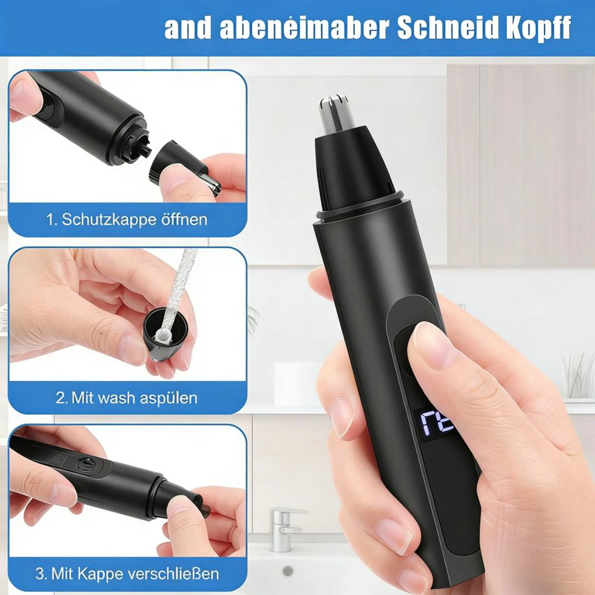 Ein schwarzer Nasenhaartrimmer wird gezeigt, mit Anleitungen.