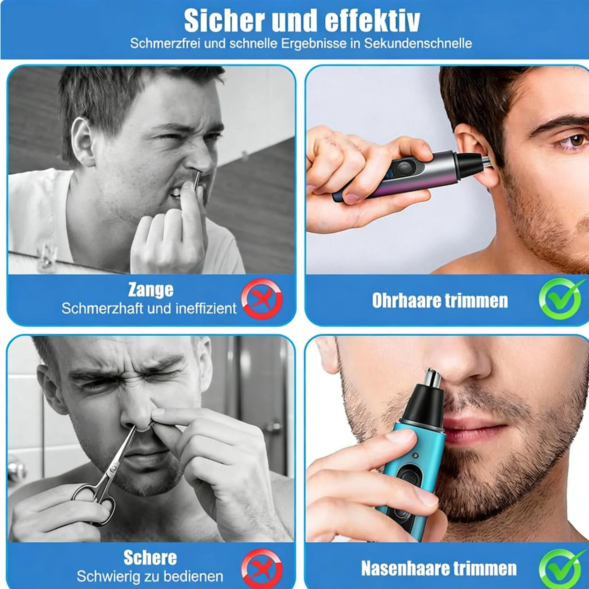 Mann benutzt eine Pinzette, Schere und Trimmer für Nase und Ohren.