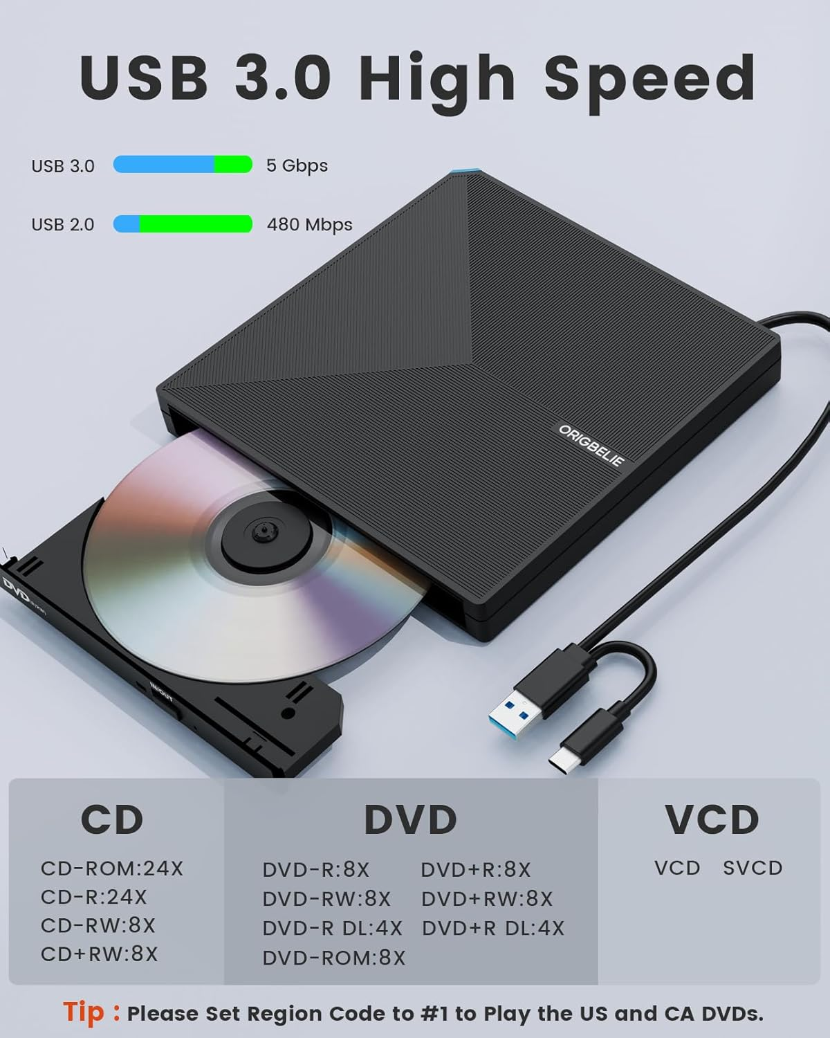 Schwarzes externes USB 3.0 CD/DVD-Laufwerk mit eingelegter CD. Spezifikationen aufgeführt.