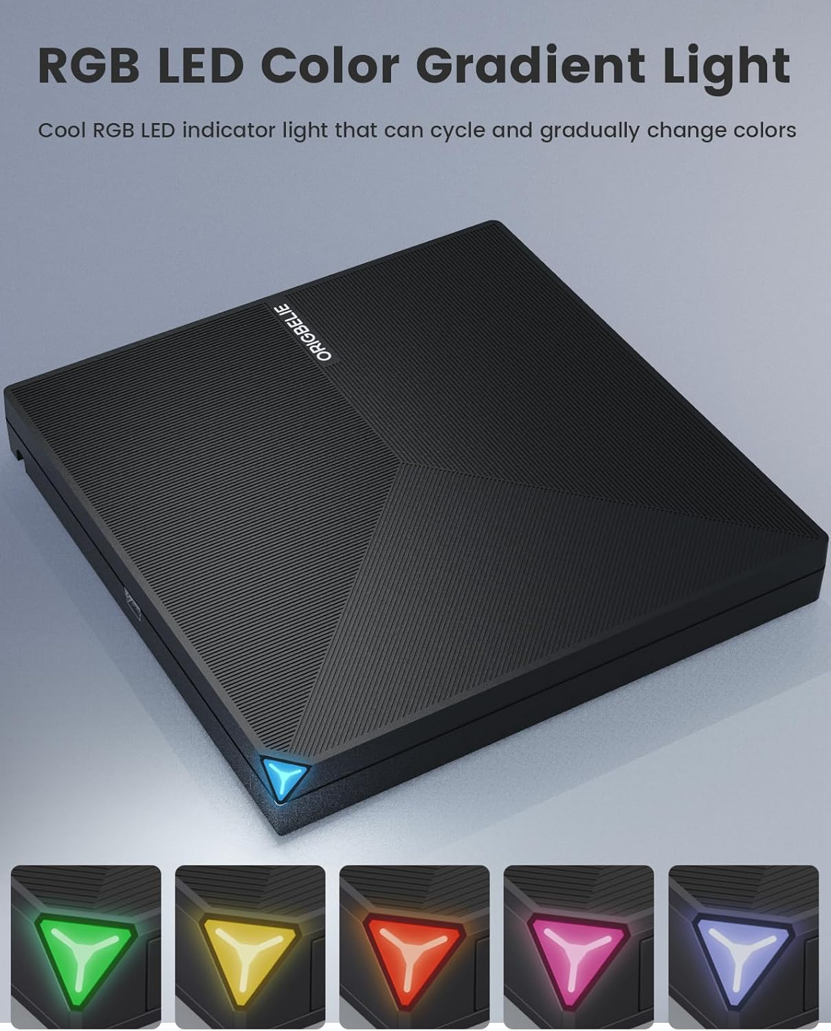 Schwarzes Gerät mit blauer RGB-LED-Anzeige. Unten Farbproben: grün, gelb, rot, pink, lila.