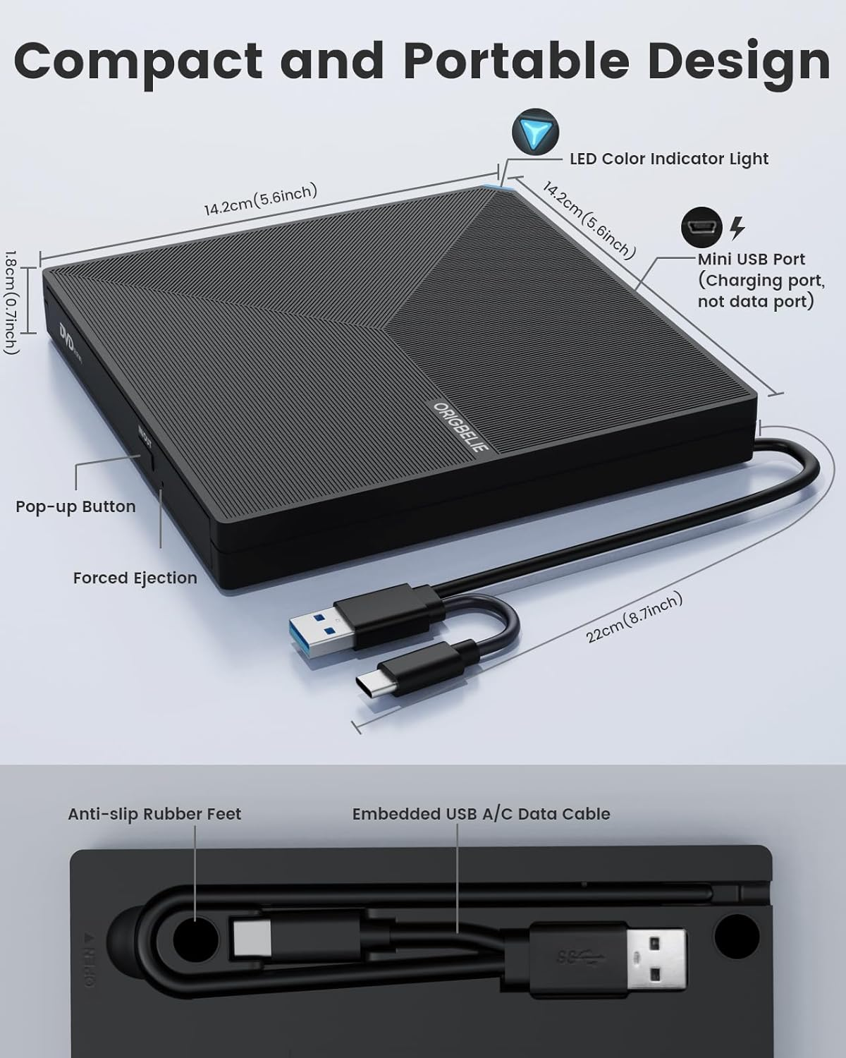 Schwarzes DVD-Laufwerk mit USB-C-Kabel, Pop-up-Taste und LED-Anzeige. Maße angezeigt.