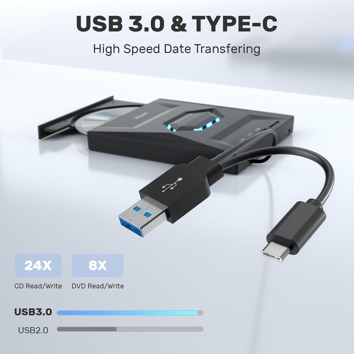 Externes USB 3.0 & Typ-C Laufwerk mit CD/DVD-Schacht und Kabeln.