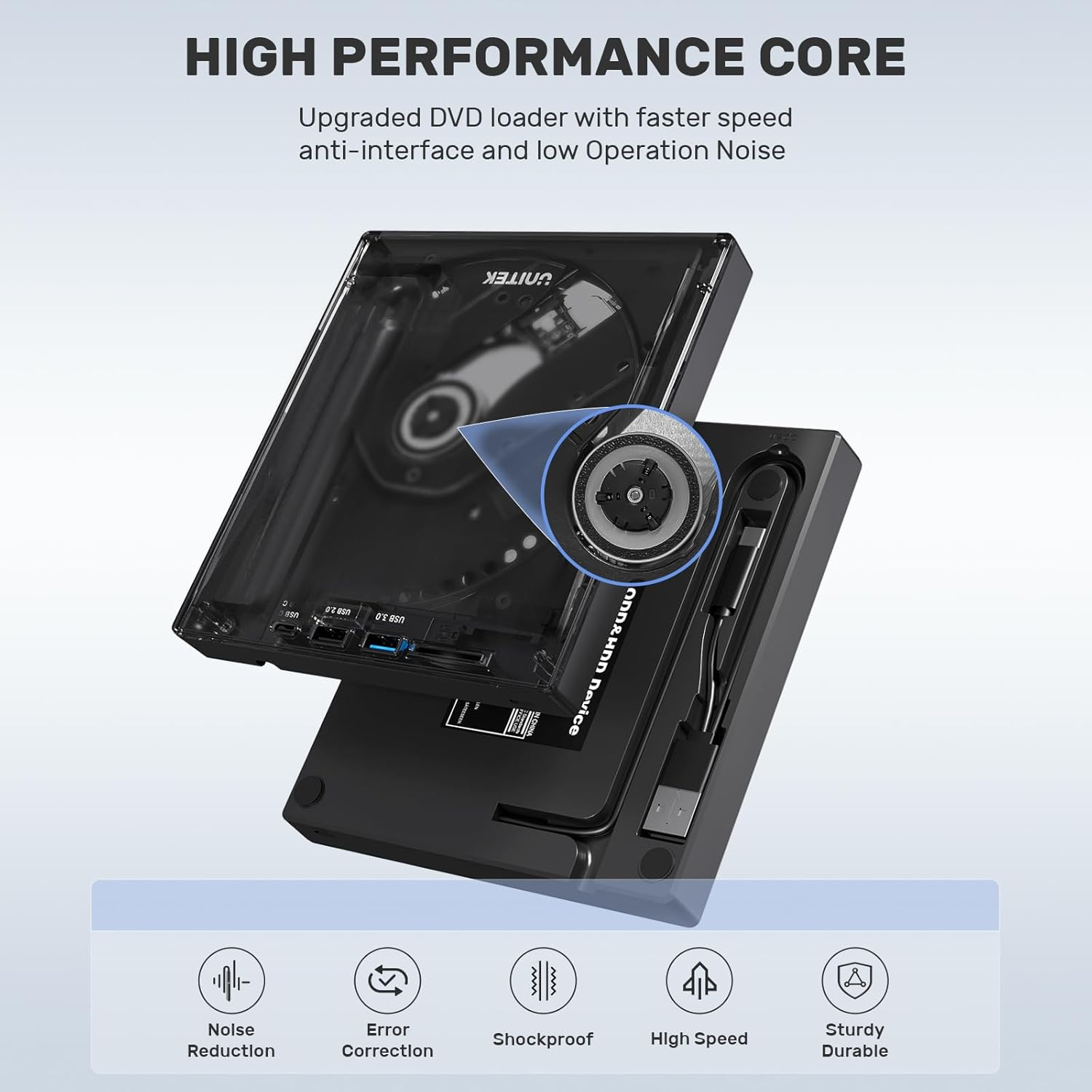 Schwarzes externes DVD-Laufwerksgehäuse mit USB 3.0-Anschluss und Symbolen für Leistung.