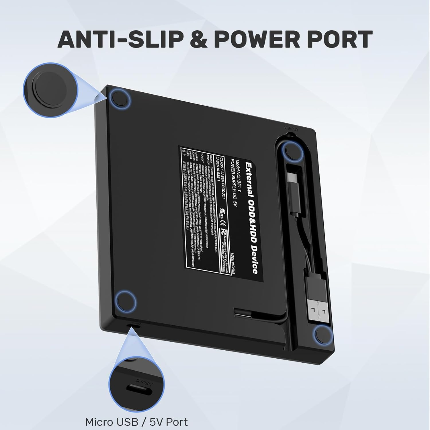 Schwarzes ODD&HDD-Gerät mit Anti-Rutsch-Füßen und Micro-USB-Anschluss.