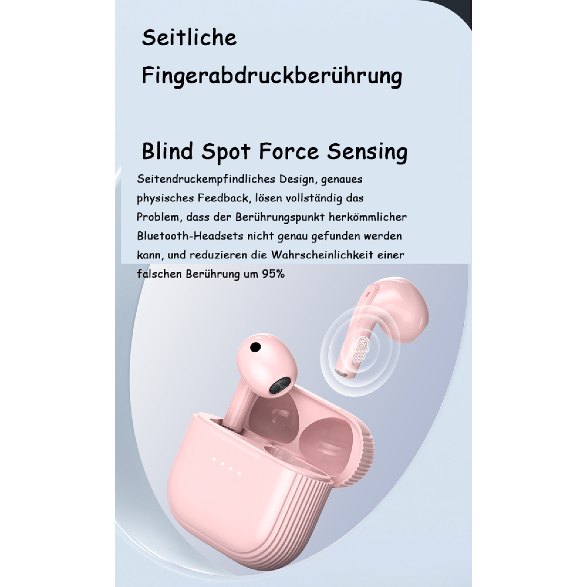 Zwei rosafarbene kabellose Kopfhörer mit Ladecase. Einer ist im Case, der andere wird gehalten.