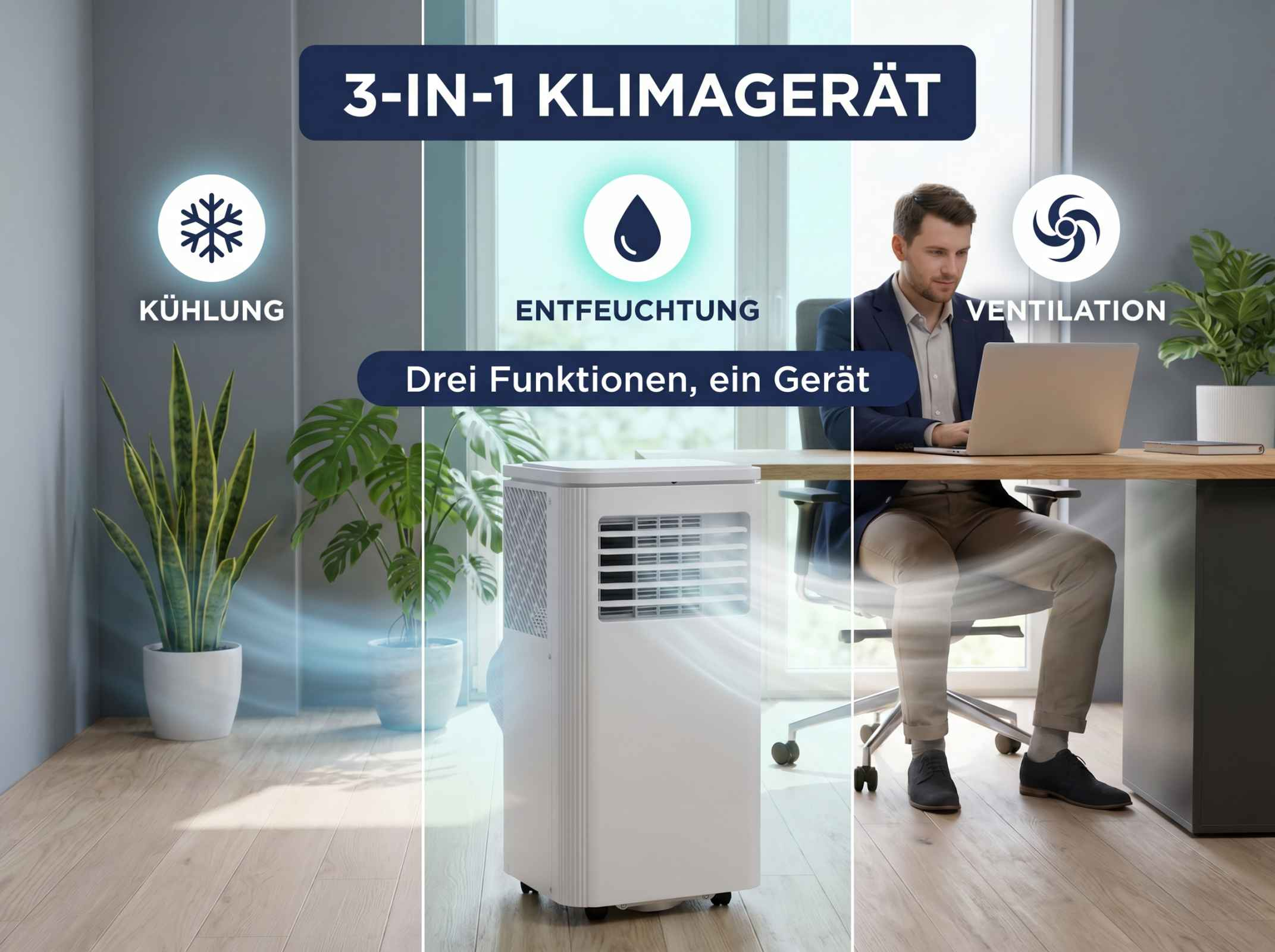 Ein weißer Klimaanlagenturm wird im Büro gezeigt. Er kühlt, entfeuchtet und belüftet.