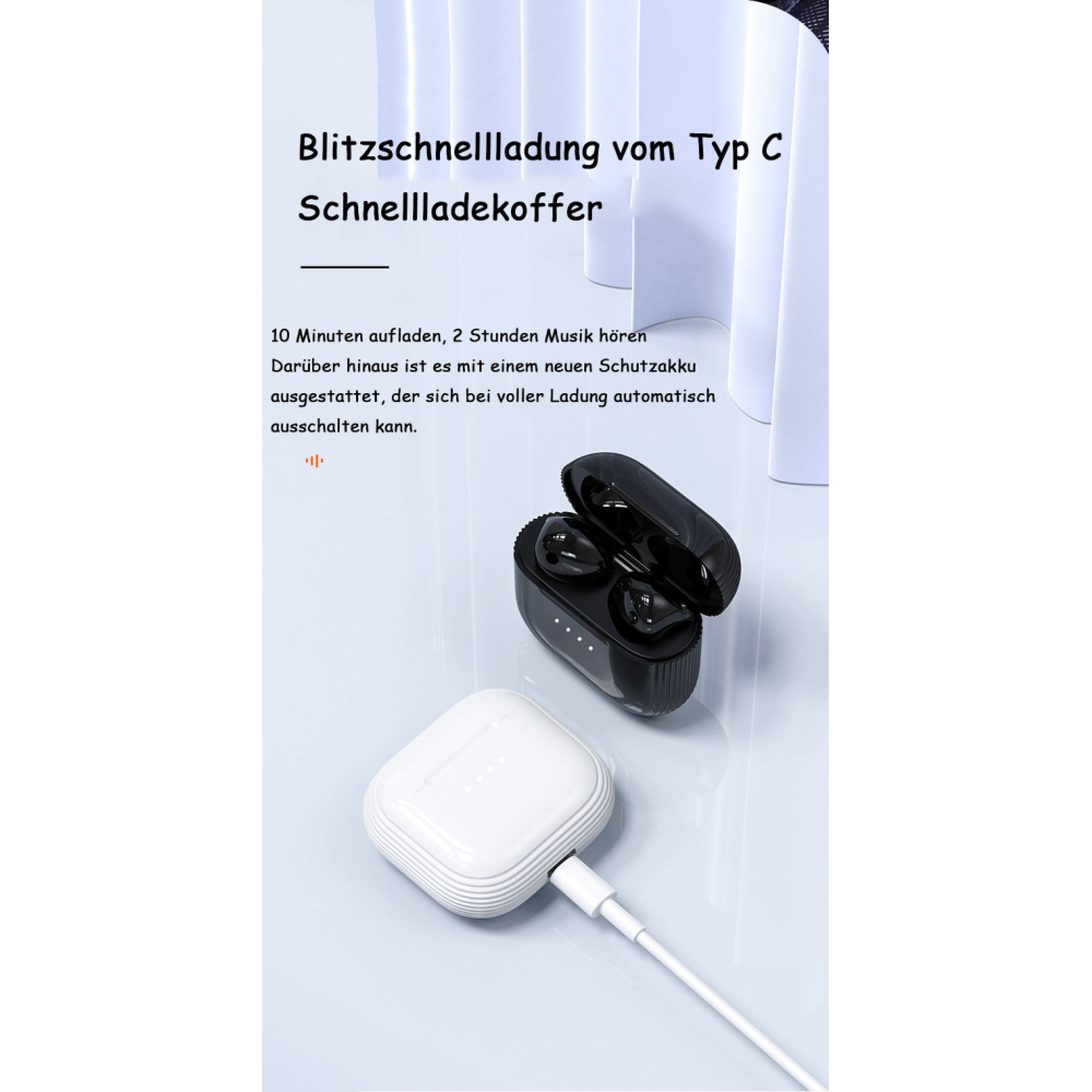 Schwarze und weiße Kopfhörer mit Ladeetuis, eines wird mit einem Kabel aufgeladen.