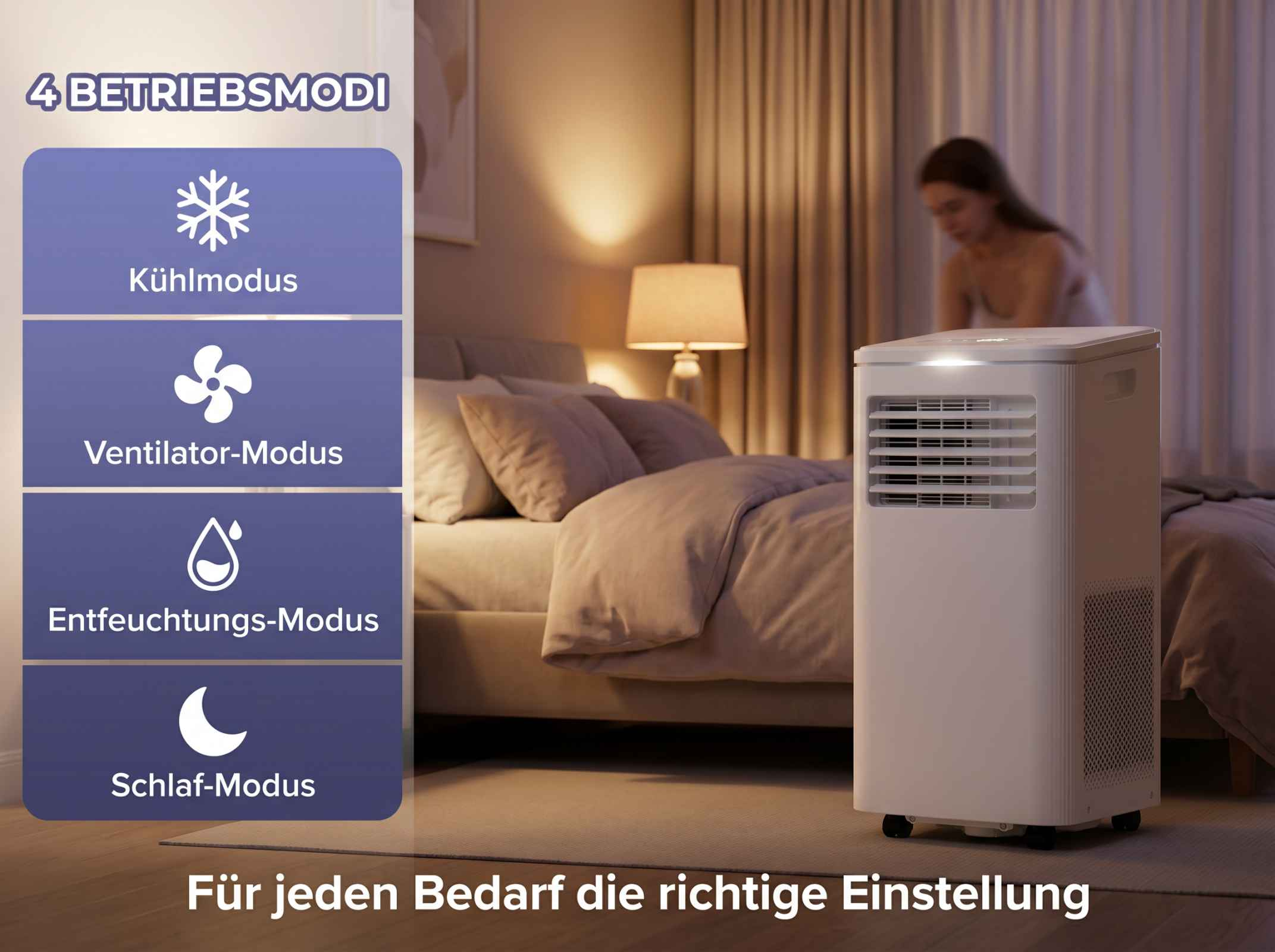 Ein weißer Luftkühler steht in einem Schlafzimmer mit vier Betriebsmodi.