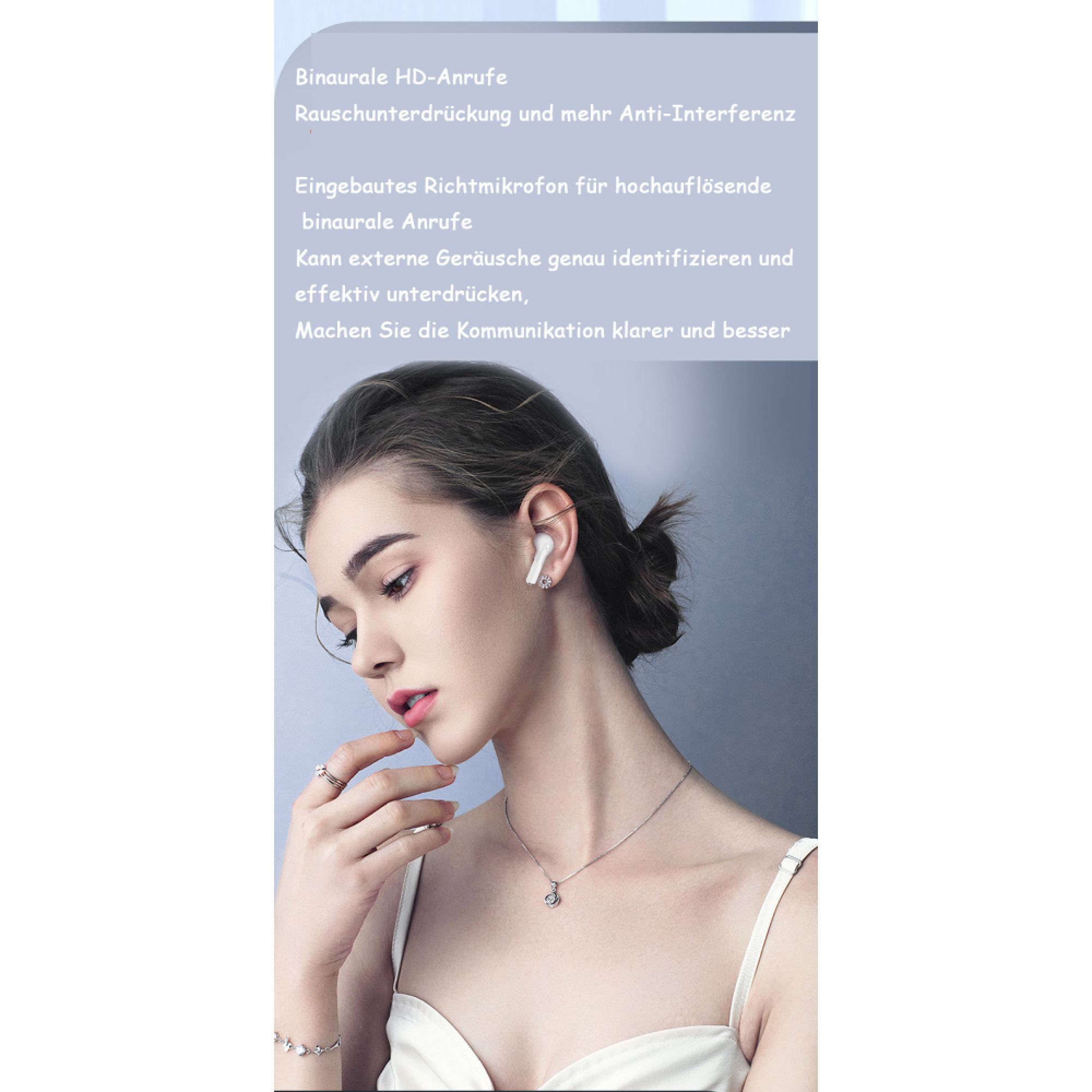 Frau mit weißen Ohrhörern und Schmuck. Text über HD-Anrufe.