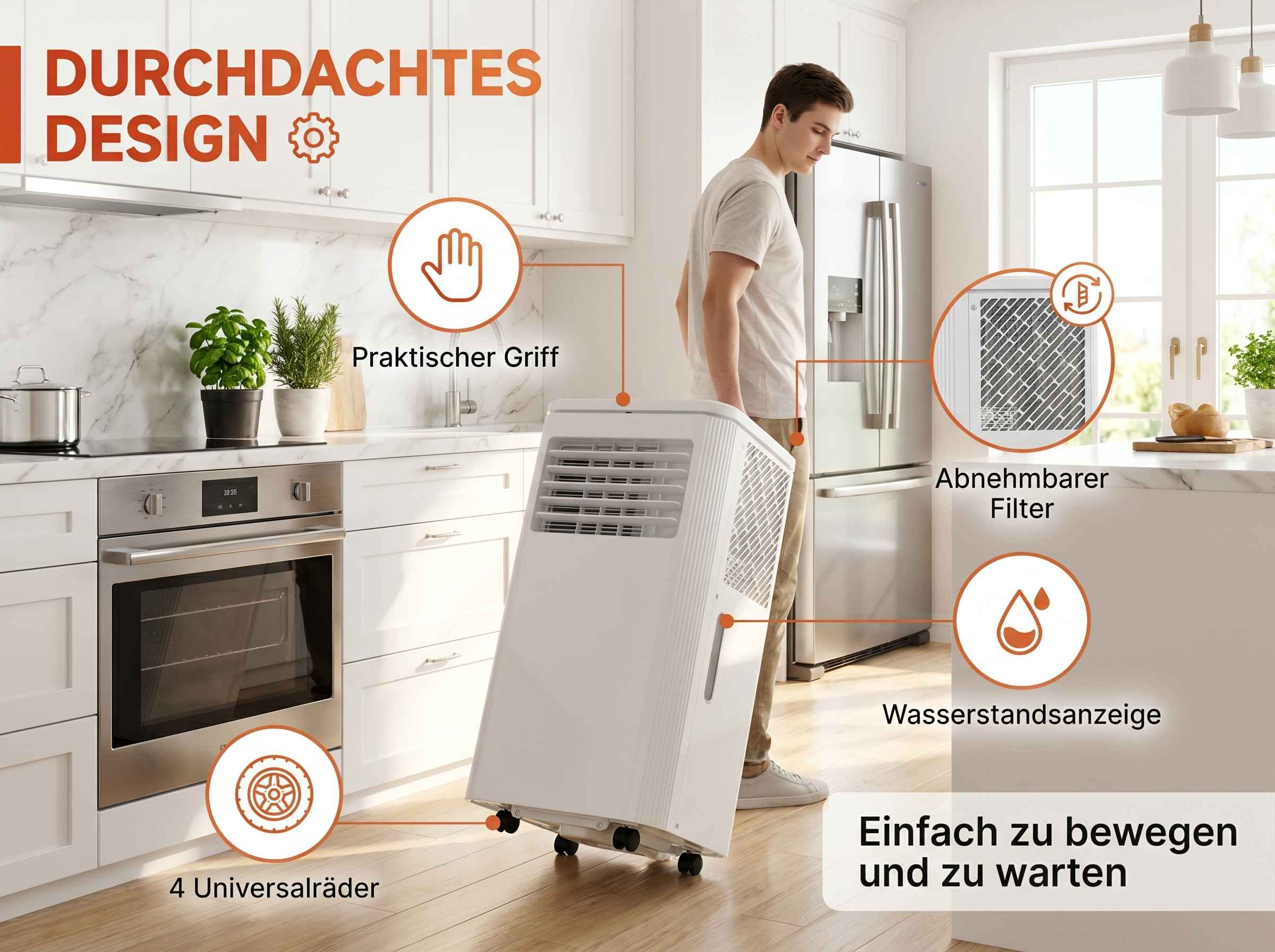 Mann schiebt ein weißes Klimagerät in einer Küche mit Edelstahlgeräten.